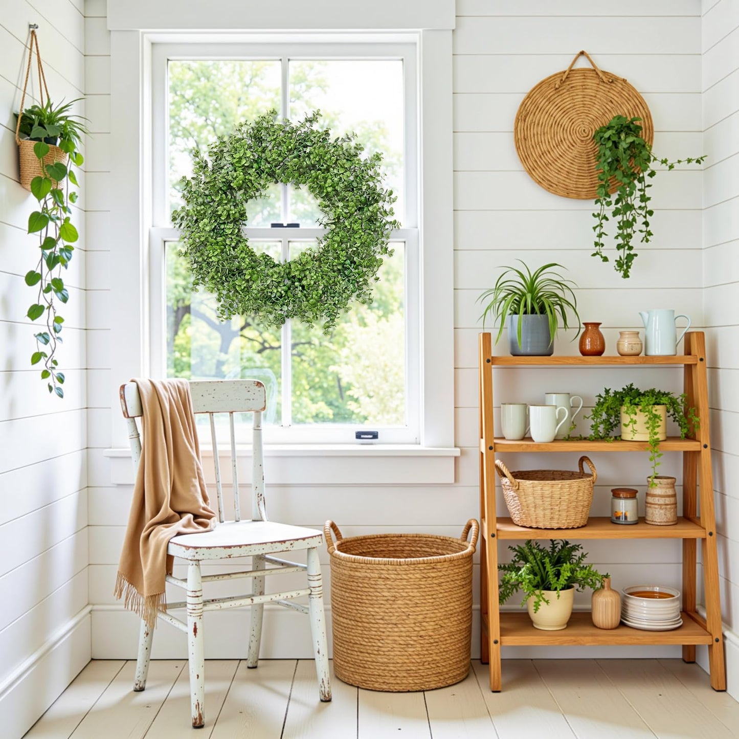Dremisland Boxwood Wreaths for Front Door, 22 Inch Spring Wreath with Green Eucalyptus Boxwood Leaves Greenery Wreaths for Farmhouse Wall Hanging Window Indoor Outdoor Spring Summer All Seasons
