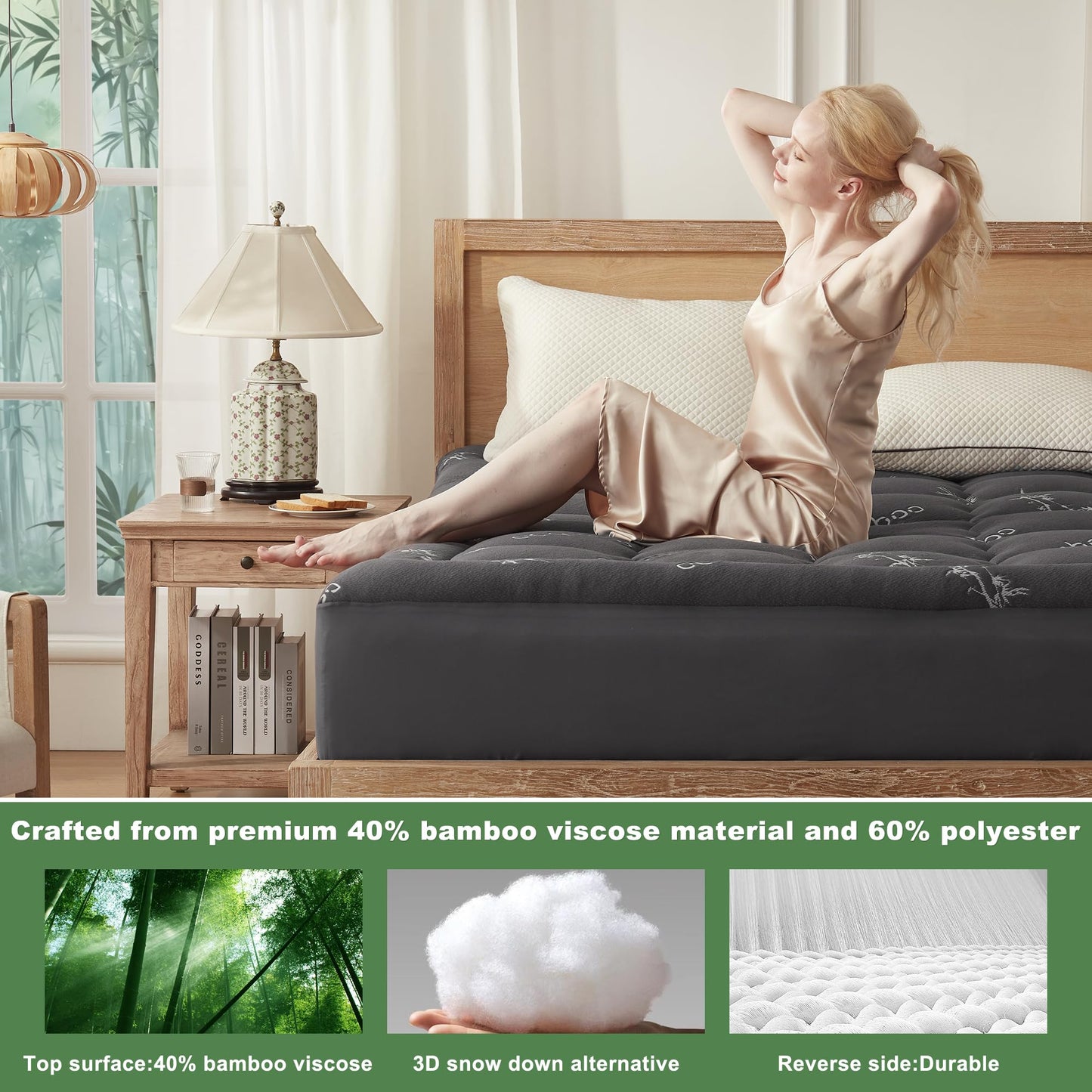 BEDLORE Full Mattress Topper Viscose Derived from Bamboo,Thick Pillow Top Mattress Pad,Deep Pocket Fits Mattress 6"-15",Soft Breathable Mattress Cover for Back Pain Relief