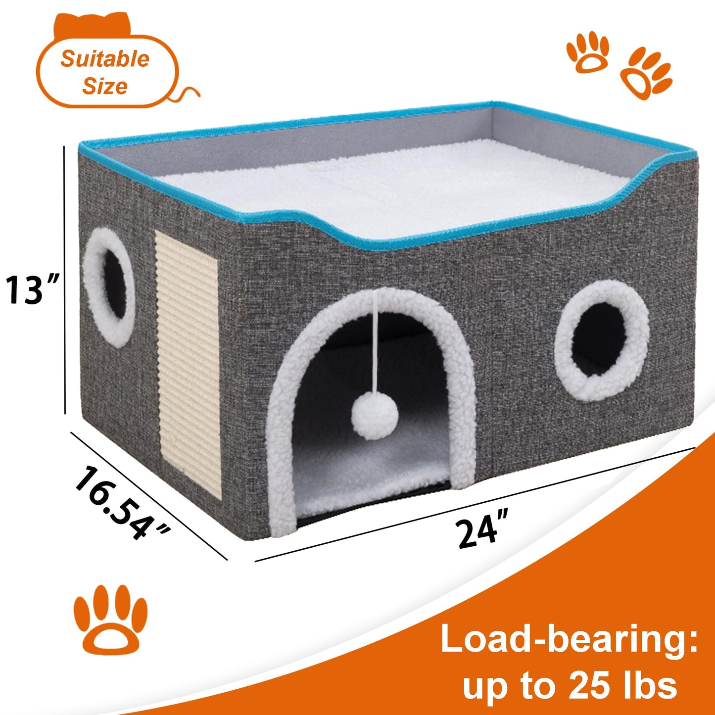 Loyareal Cat Houses for Indoor Cats - Large Cat Bed Cave for Cat House with Scratch Pad and Fluffy Ball, Foldable Cat Hideaway with Reversible Cushion Cat Condo for Multi Small Pet, Light Grey