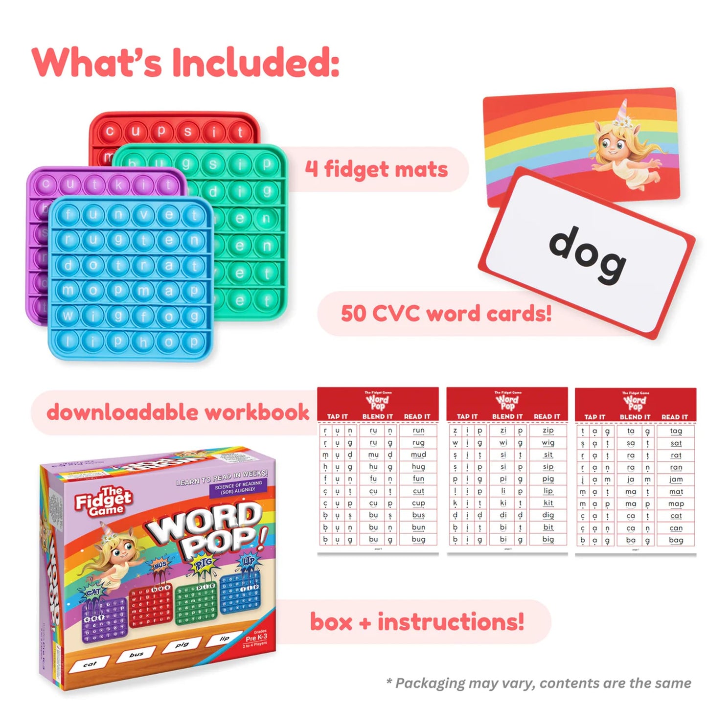 THE FIDGET GAME Word Pop, CVC Words - Learn to Read in Weeks - Multisensory Reading & Phonics Interactive Game Ideal for Pre Kindergarten to 1st Grade (Packaging May Vary)