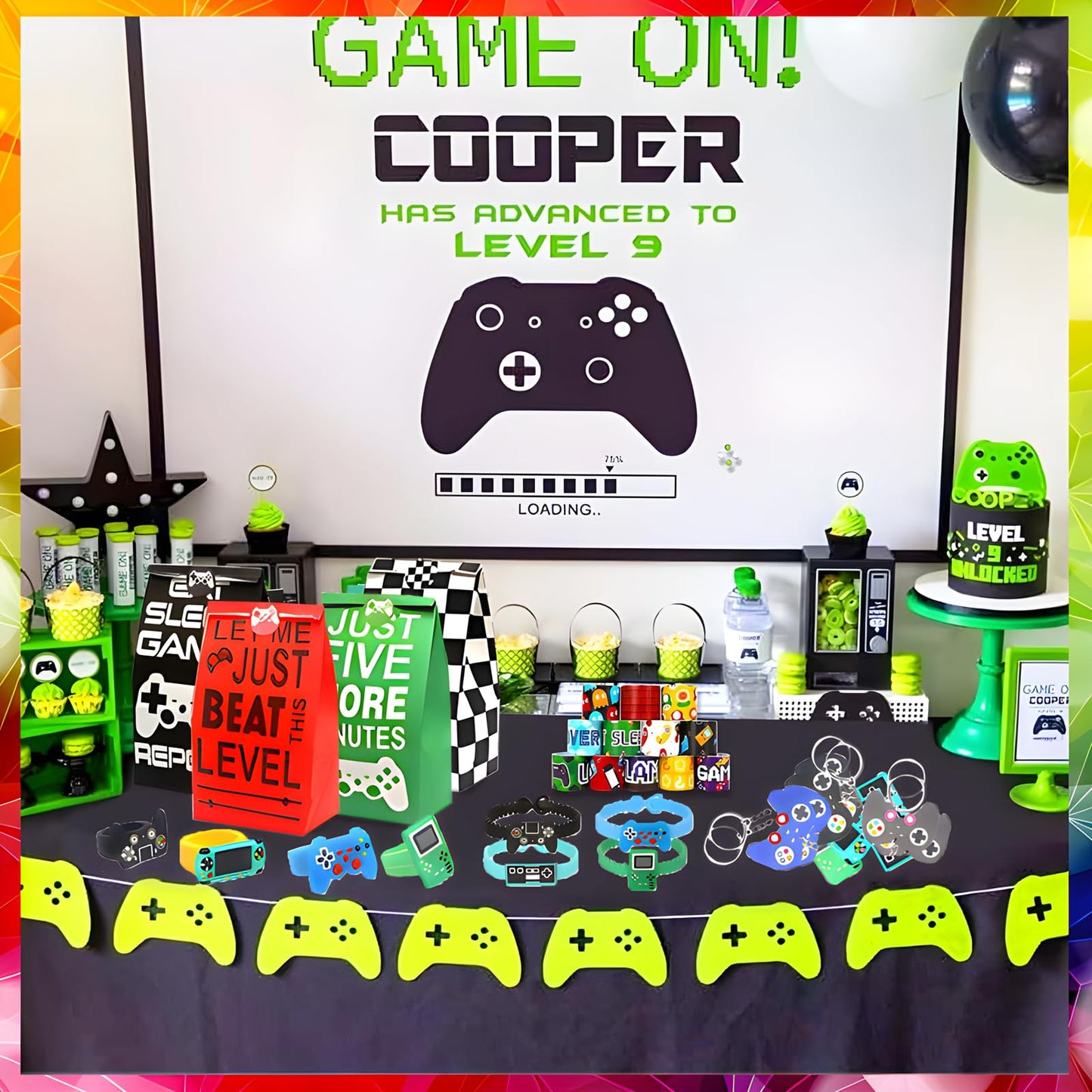 24 sets of Video Game Party Favors, 220 Pcs Gamer party Favors - Gaming Birthday Goodie Bags Included Gift Bags, Game Keychain, Slap Bracelet, Stickers, Ring, Hand Strap for Gaming Kids