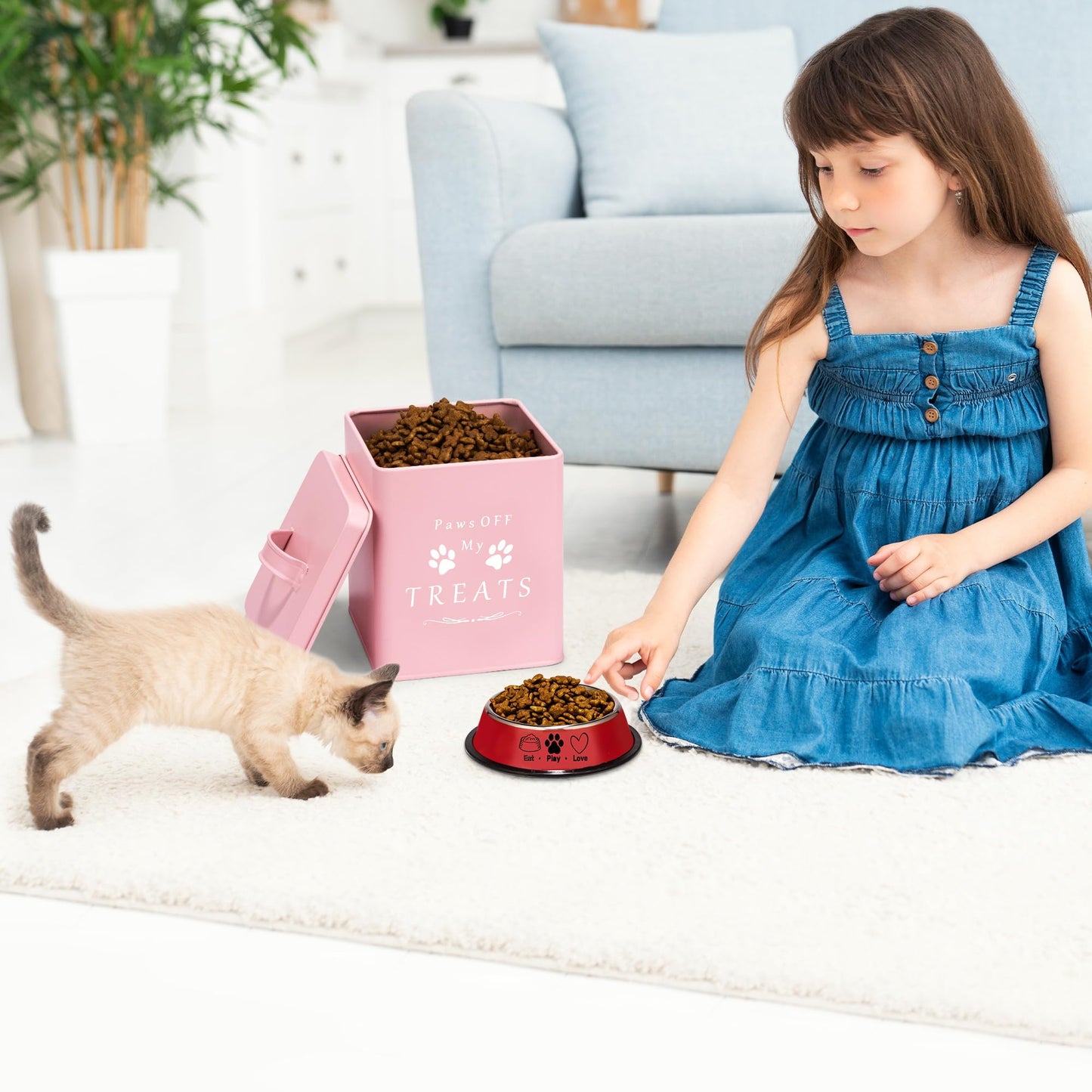 Meraki Home Cat Food Container and Treat Container - Tight Lids - Feed Scoop and Pet Food Bowl - Farmhouse Metal Storage Bin - Great Gift for Small Pets - Matte Pink