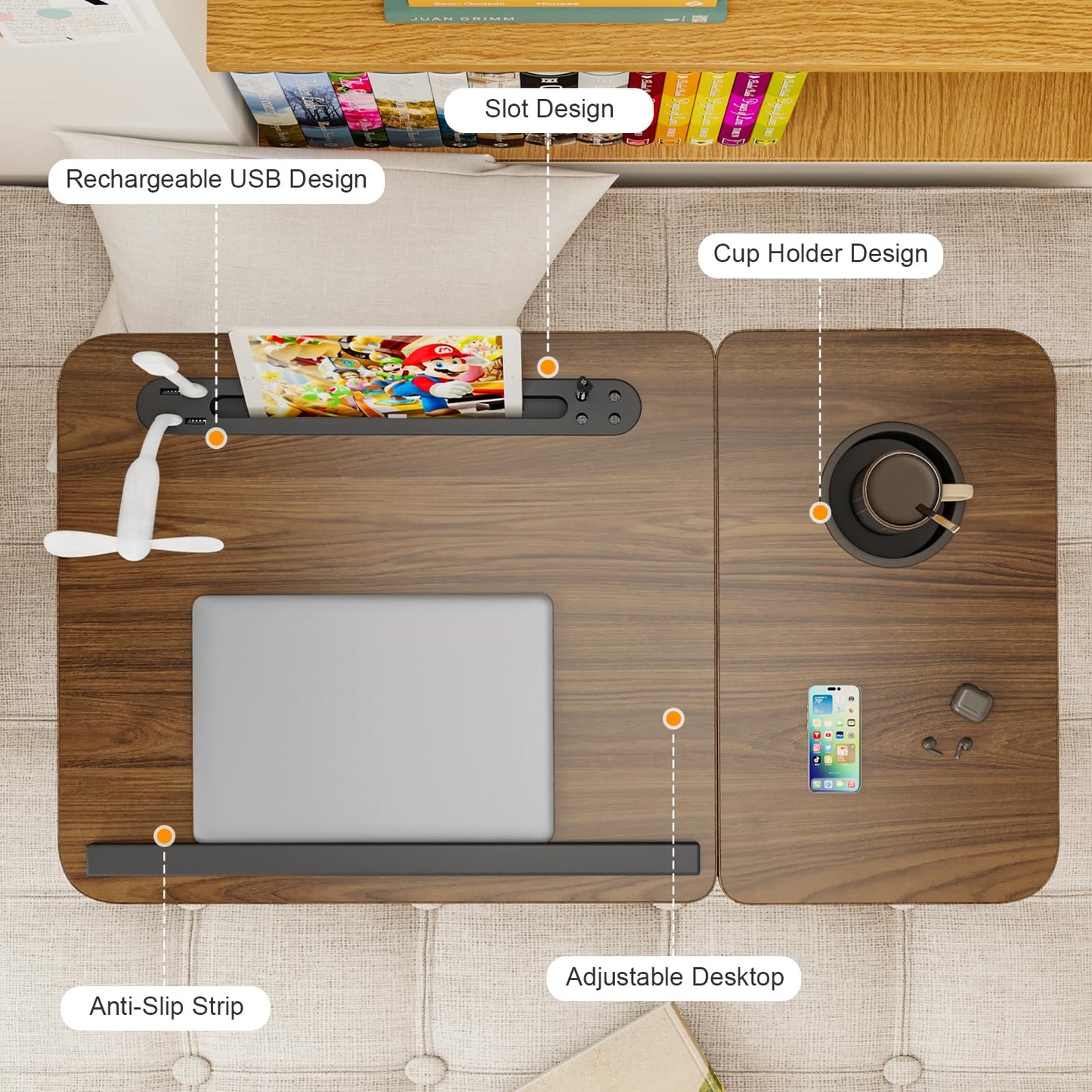 Laptop Desk for Bed, Adjustable Laptop Stand with 5 Adjustable Angles, Portable Lap Tray Table with USB Charge Port and Cup Holder, Laptop Bed Desk Tray for Eating Working (Brown)
