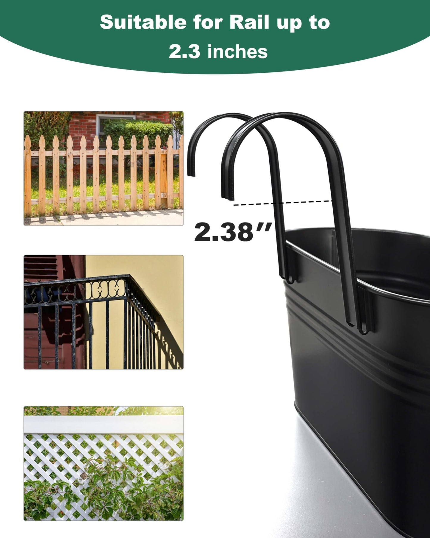 vensovo Metal Railing Planter for Outdoor Plants - 5 Pack Balcony Hanging Planter Box with Detachable Hooks and Drain Holes Oval Hanging Pots Fence Planters for Railing Garden Fence, Black