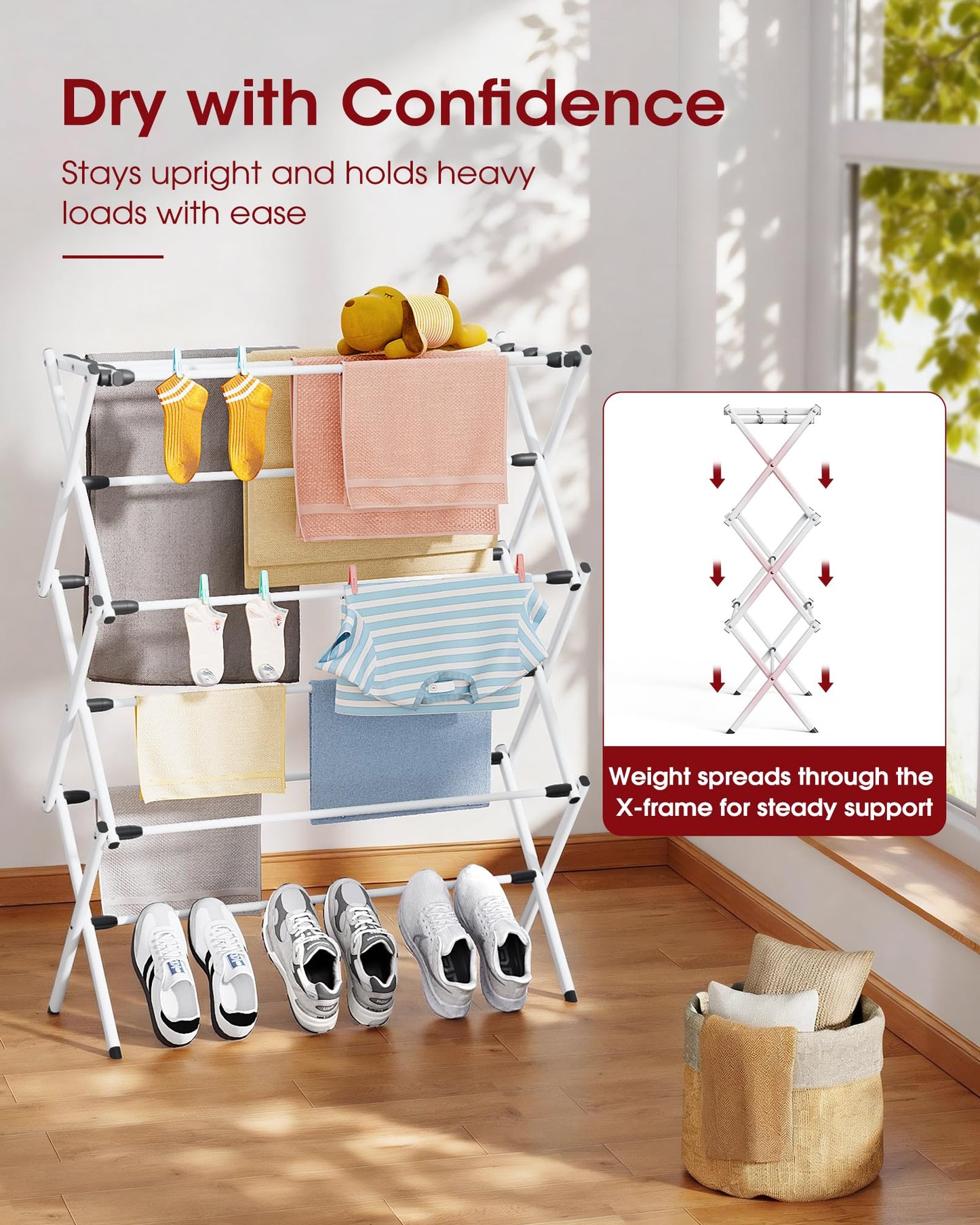 Sakugi 3 Tier Clothes Drying Rack, Foldable Clothes Drying Rack with Non-Slip Feet, Portable Laundry Drying Rack for Clothing, Indoor & Outdoor Use, 73.5 x 29 x 95 cm, White