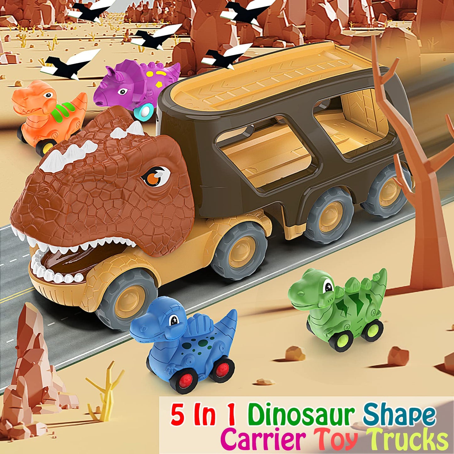 Dinosaur Truck Toy Car for Kids, Friction Power Carrier Vehicle with 4 Pack Small Pull Back Dino Car, Christmas Birthday Gift for 18M+ 2 3 4 5 Years Old Boys Toddlers