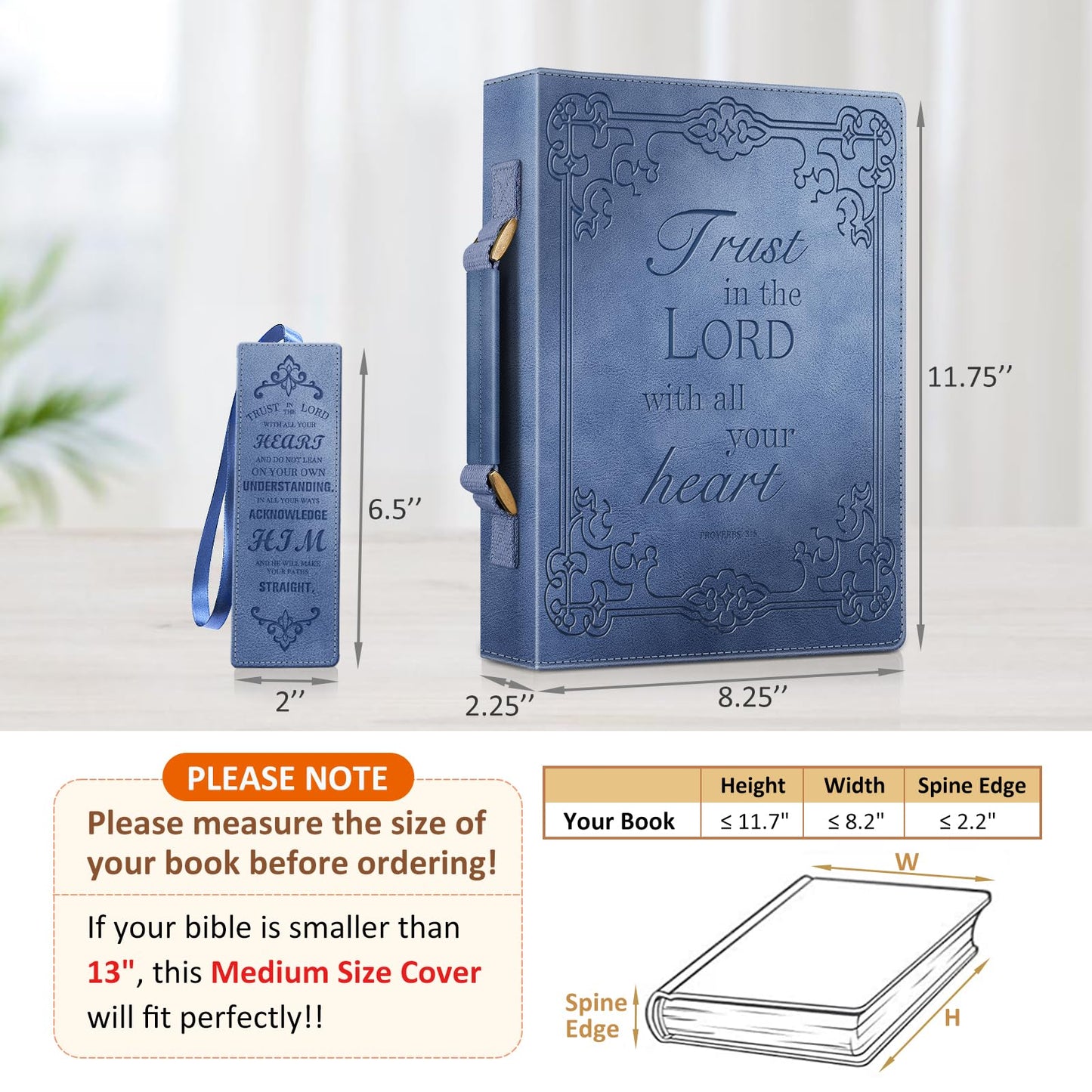 FINPAC Large Classic Bible Cover, Vegan Leather Carrying Book Case Church Bag Bible Protective with Handle, Gift for Men, Women, Blue, Medium