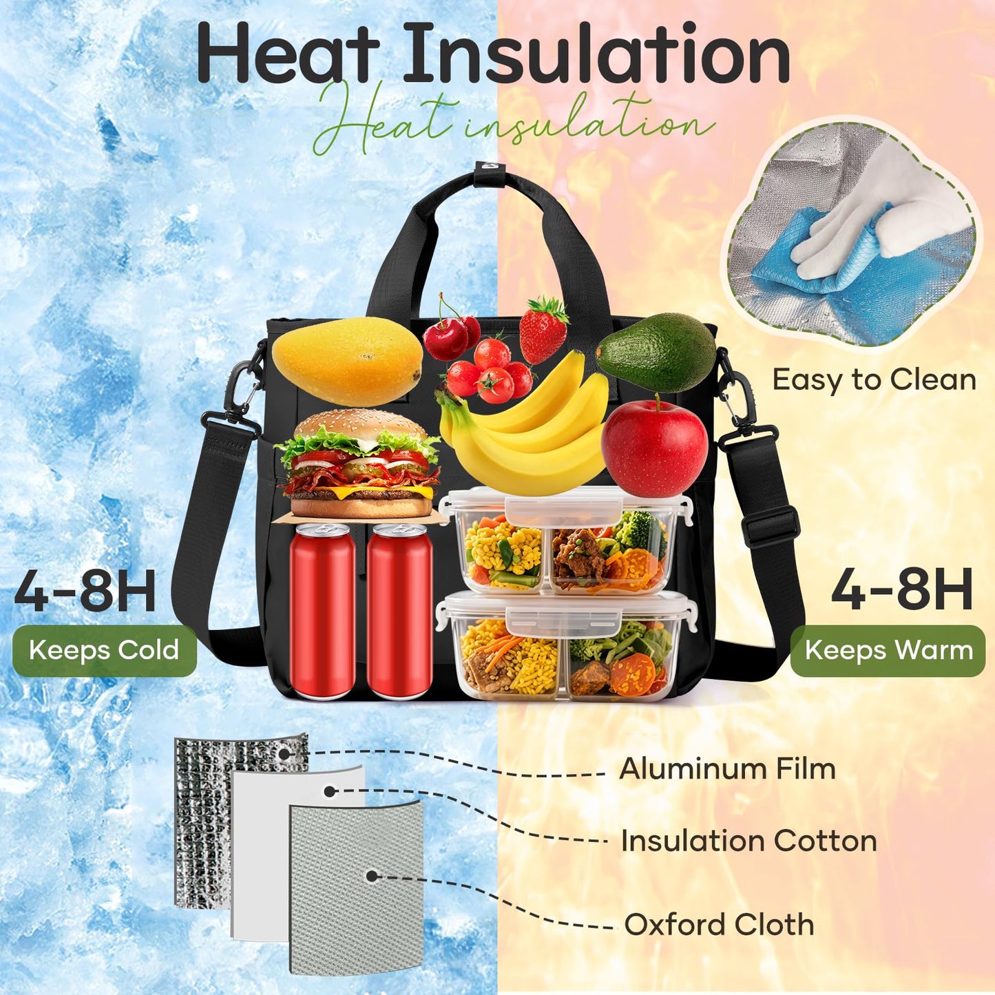Lunch Bag Insulated Lunch Box Leakproof Lunch Tote Bags for Women Men,Portable Thermal Cooler Bag Lunch Containers with Shoulder Strap for Work, Family, Picnic, School, Outdoor,BBQ C1-Black