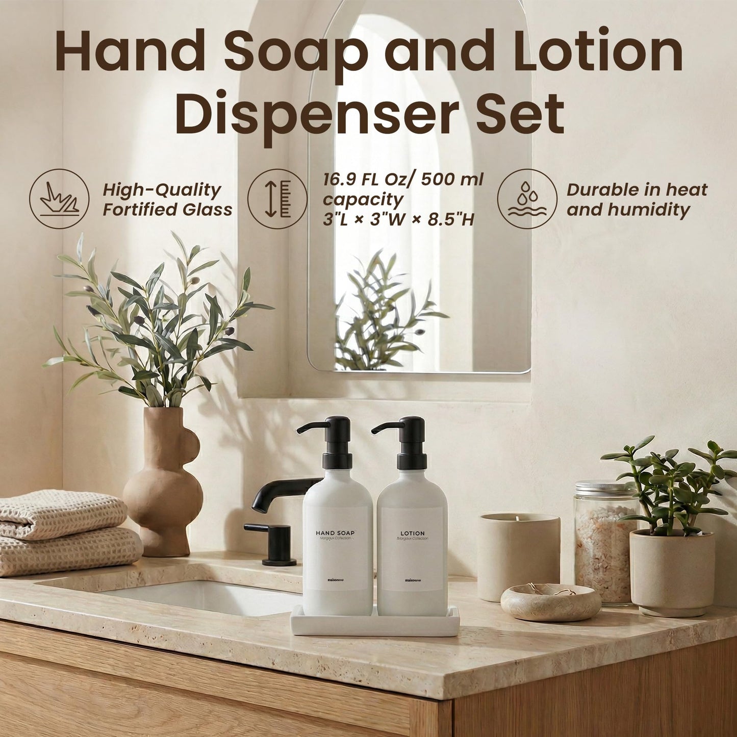 MaisoNovo Bathroom Soap Dispenser Set - Soap and Lotion Dispenser Set with White Soap Dispenser, Black Pumps & Concrete Tray