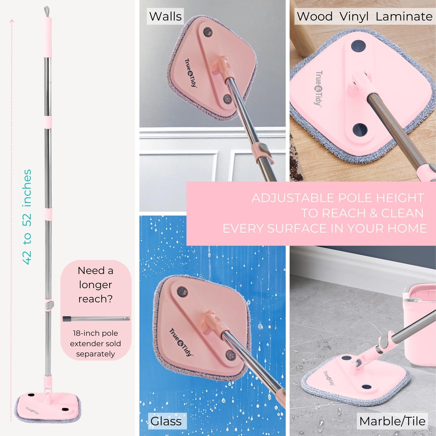 True & Tidy® True Clean Mop and Bucket System, Includes Square Spin, Dual Compartment Mop Bucket and 2 Thick Machine Washable Pads New Upgraded with Side Brush & Self Standing Handle, Rose