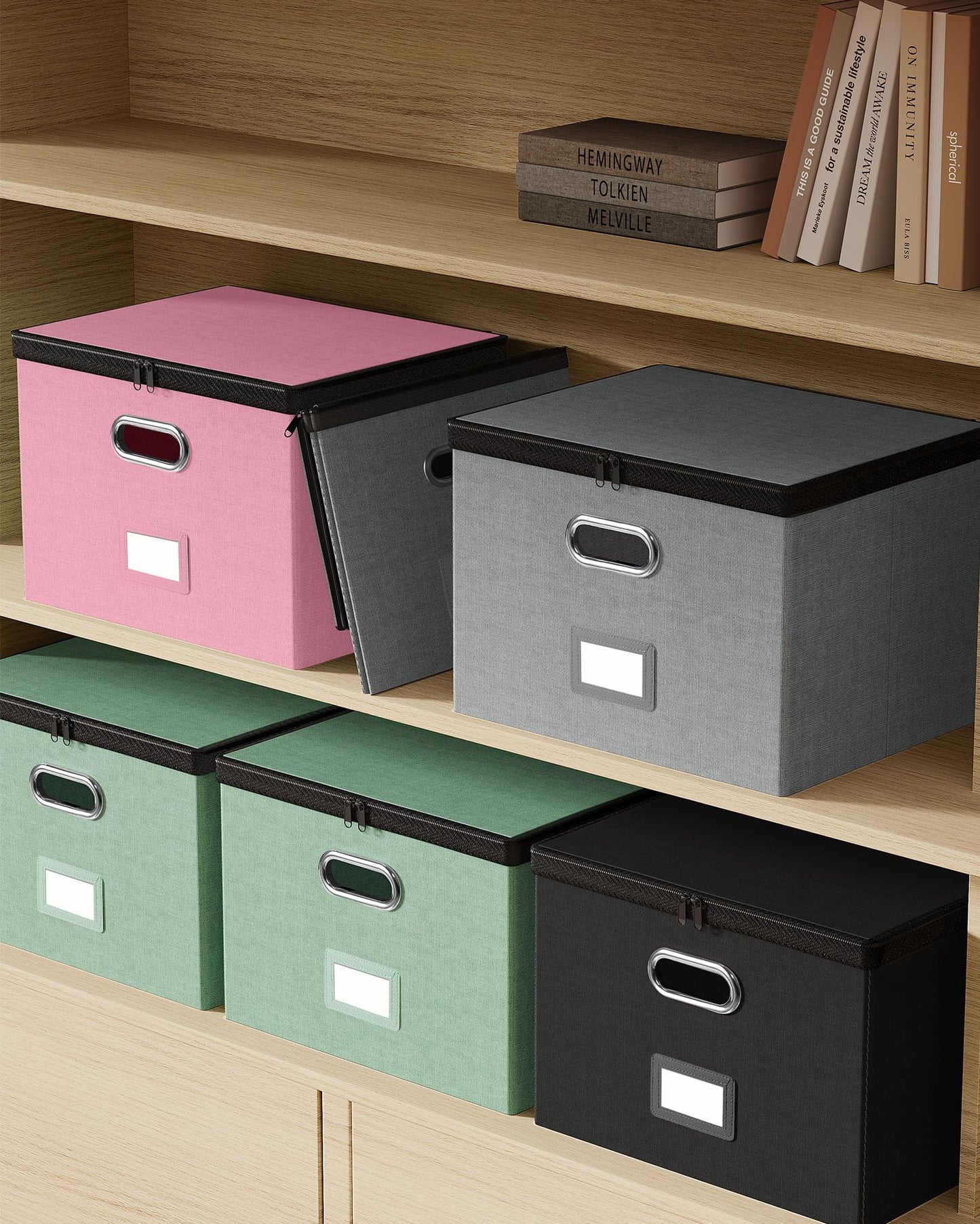 Oterri Zipper File Boxes with Lids, Legal/Letter Size Document Organizer with Mesh Pockets, Filing Box with Handle, Zippers Document Storage Box for Office/Home/School (2 Pcs, Large-Black)
