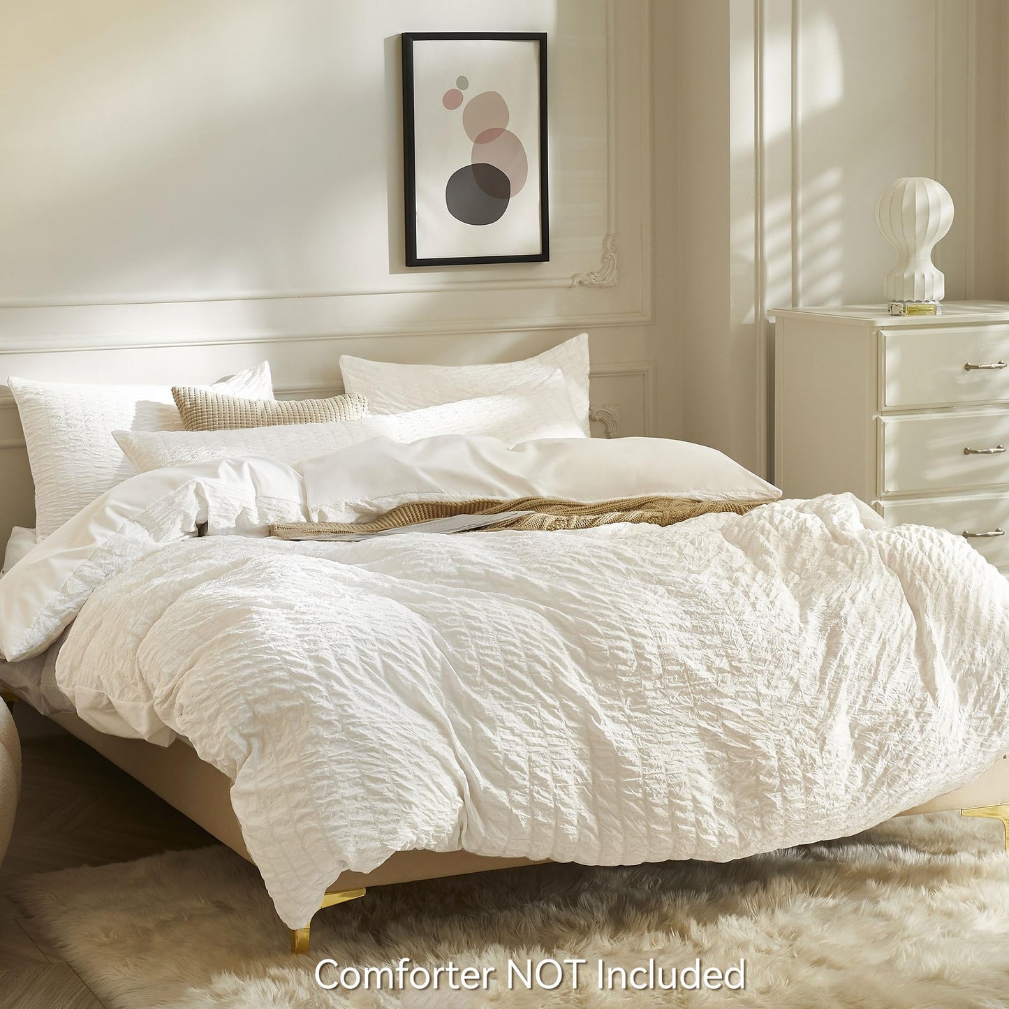 JELLYMONI White Duvet Cover King Size, 3pcs Washed Microfiber Bedding Set, Soft Breathable Seersucker Duvet Cover Set with Zipper Closure and Corner Ties for All Seasons