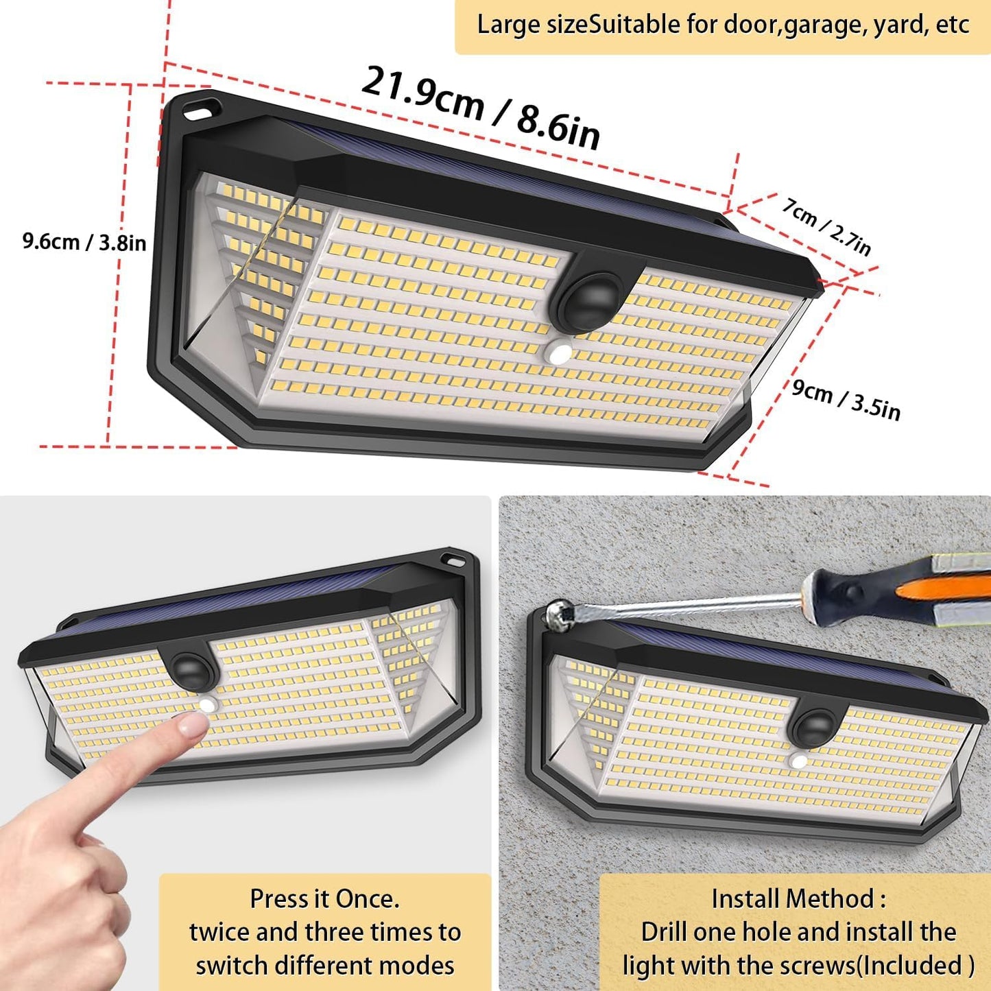 SyouHome Solar Motion Sensor Lights Outdoor, 4000LM 380 LED Solar Lights Outdoor, IP65 Waterproof 3 Modes 270° Wide Angle Solar Security Lights for Yard, Garage, Garden, Deck（2 Pack）