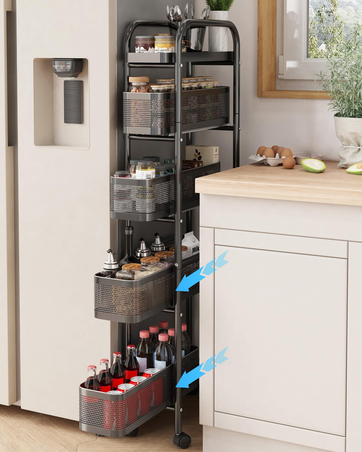 UMDONX 5 Tier Rolling Cart with Pull Out Basket, Premium Metal Slim Storage Cart on Lockable Wheels, Utility Kitchen Organizer for Onion Potato Snack, Narrow Shelving Unit Pantry Wire Shelf, Black