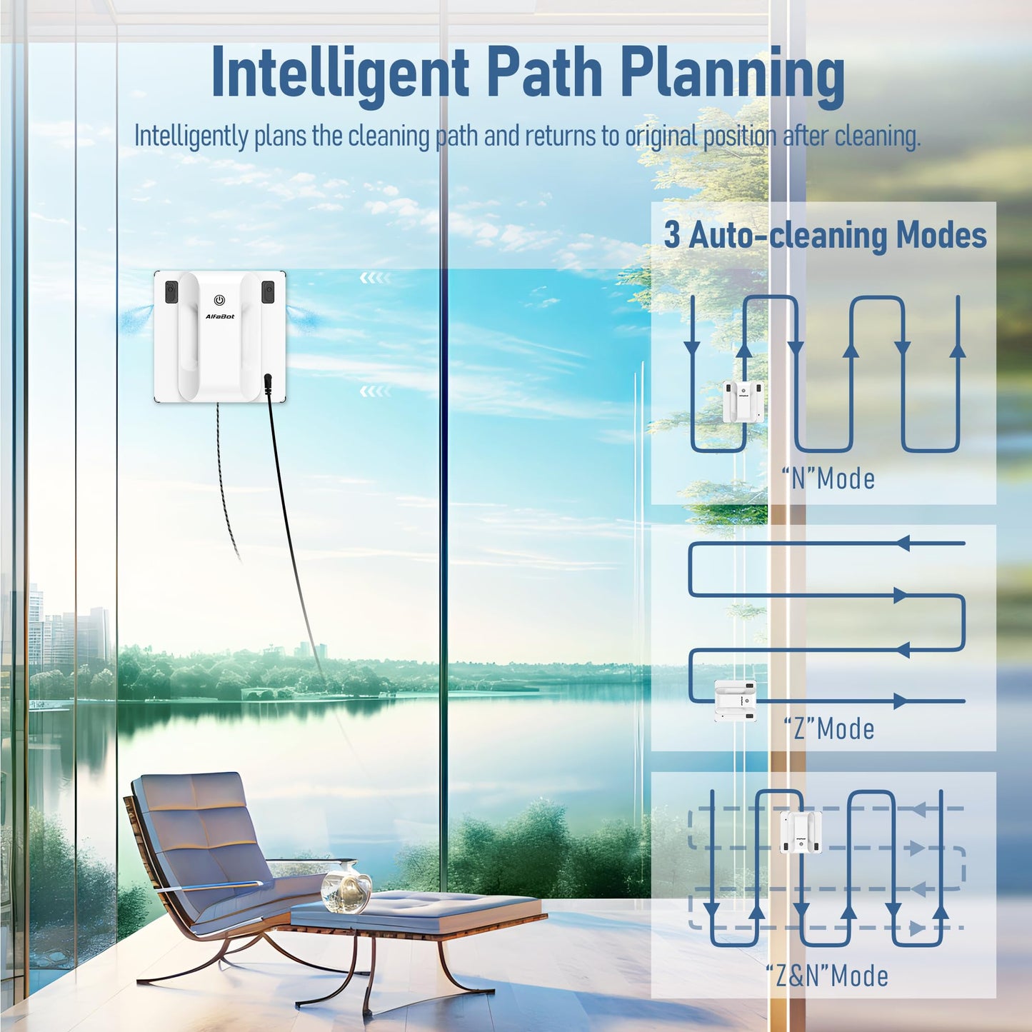 AlfaBot GLS400 Window Cleaning Robot, Intelligent Glass Cleaner with Dual-Sided Water Spray, 50ml Tank, Smart Cleaning for Interior & Exterior High-Rise Windows