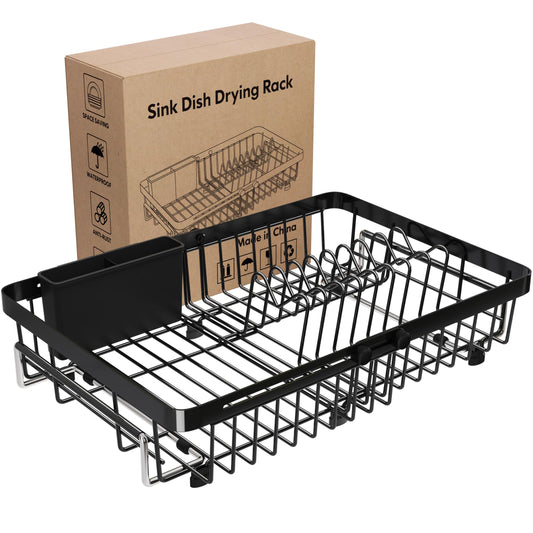 MAJALiS Dish Drying Rack in Sink, Expandable Stainless Steel Over Sink Dish Rack, Adjustable Capacity Dish Strainers for Kitchen Sink Counter with Utensil Holder, Black