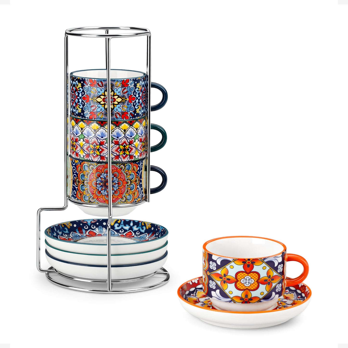 vancasso 4 Oz Stackable Espresso Cups with Saucers and Metal Stand Set of 4,Bohemian Ceramic Cappuccino Cups - Microwave and Dishwasher Safe, Perfect for Tea, Espresso, Latte, Cafe-02