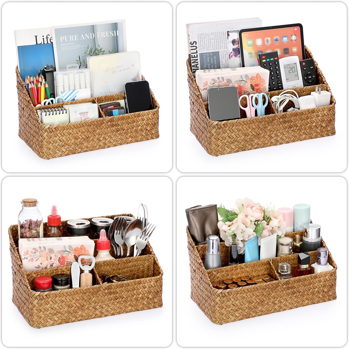 BTSKY Office Desk Organizer Natural Seagrass Desk Organizer with 4 compartments, Handmade Woven Wicker Mail Sorters, Office Supply Caddy Accessories Holder Organizer for School, Home, Office Supplies