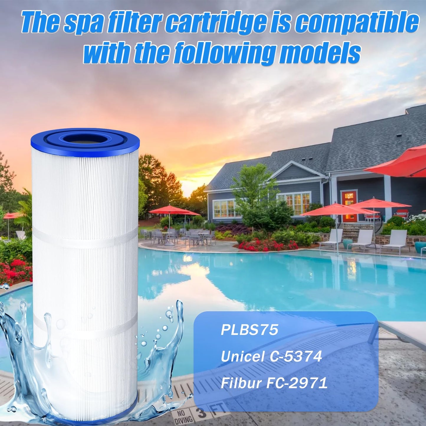 Zhenx C-5374 ‎Spa Filter Cartridge, Compatible with Unicel C-5374, Filbur FC-2971, PLBS75, Filter Area: 75 sq. ft, 2 Pack.