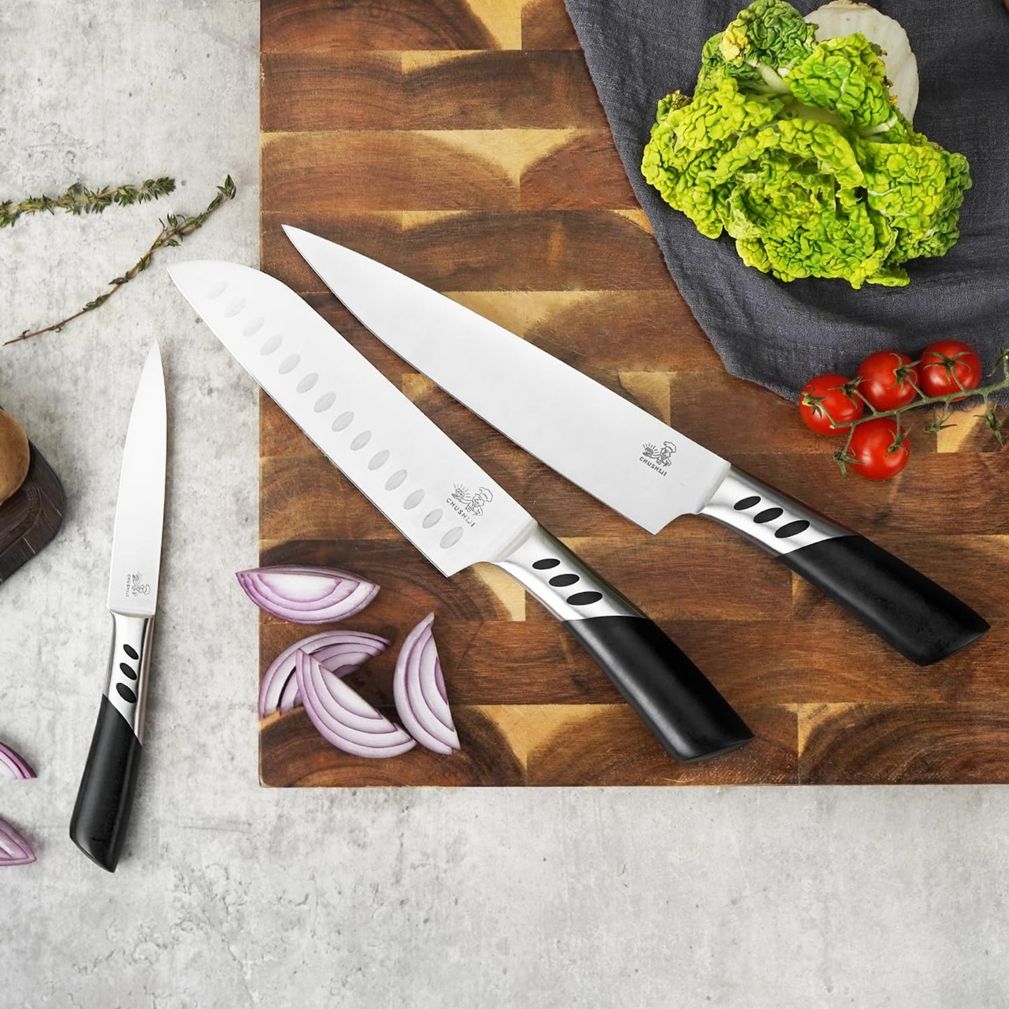 CHUSHIJI Kitchen Knife,3-Piece Stainless Steel Knife Set, Kitchen Knives Set,Chef Knife Set,8 Inch Chef's Knife,7 Inch Santoku Knife,5 Inch Utility Knife,Kitchen Gadgets for Women & Men with Gift Box