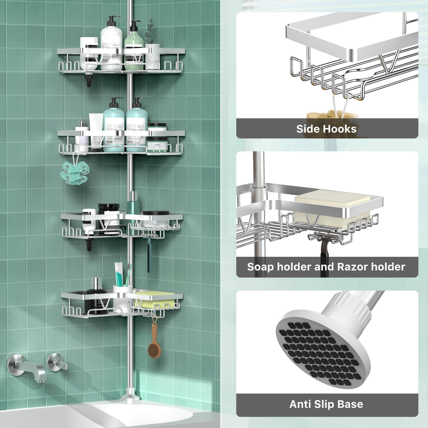 DAOYA Shower Caddy Tension Pole - Corner Shower Caddy with Soap Holder Bathroom Organizer for Tub (Stainless Steel, Silver, Floor to Ceiling 25-114.2 inch)