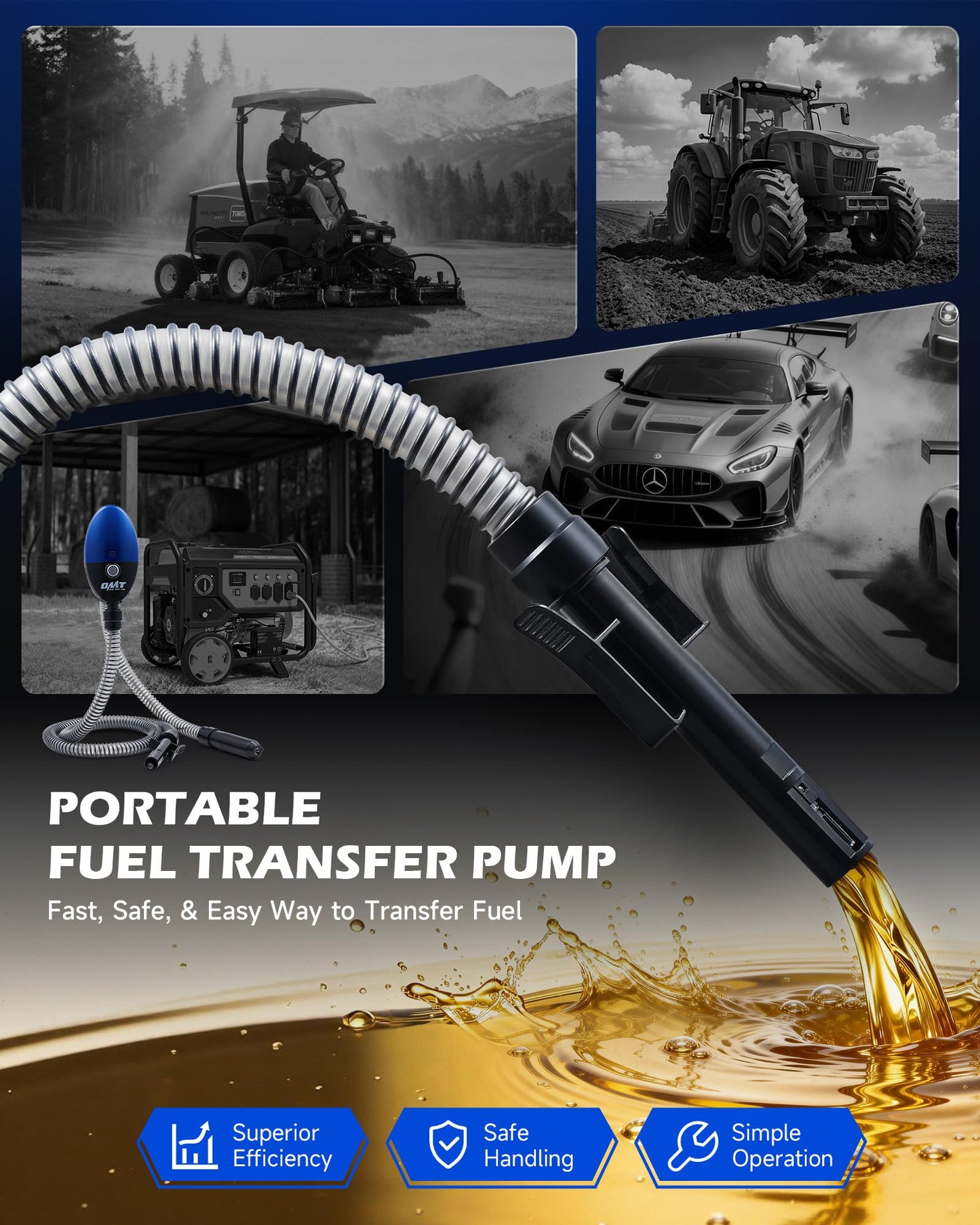 Orion Motor Tech Fuel Transfer Pump, 3.2GPM Electric Gas Can Pump, 1.3 m Hose Auto-Shutoff Nozzle, USB-C & AA Battery (NO BATTERIES INCLUDED) Powered, 4 Adapters for Gasoline, Diesel, Kerosene, Blue