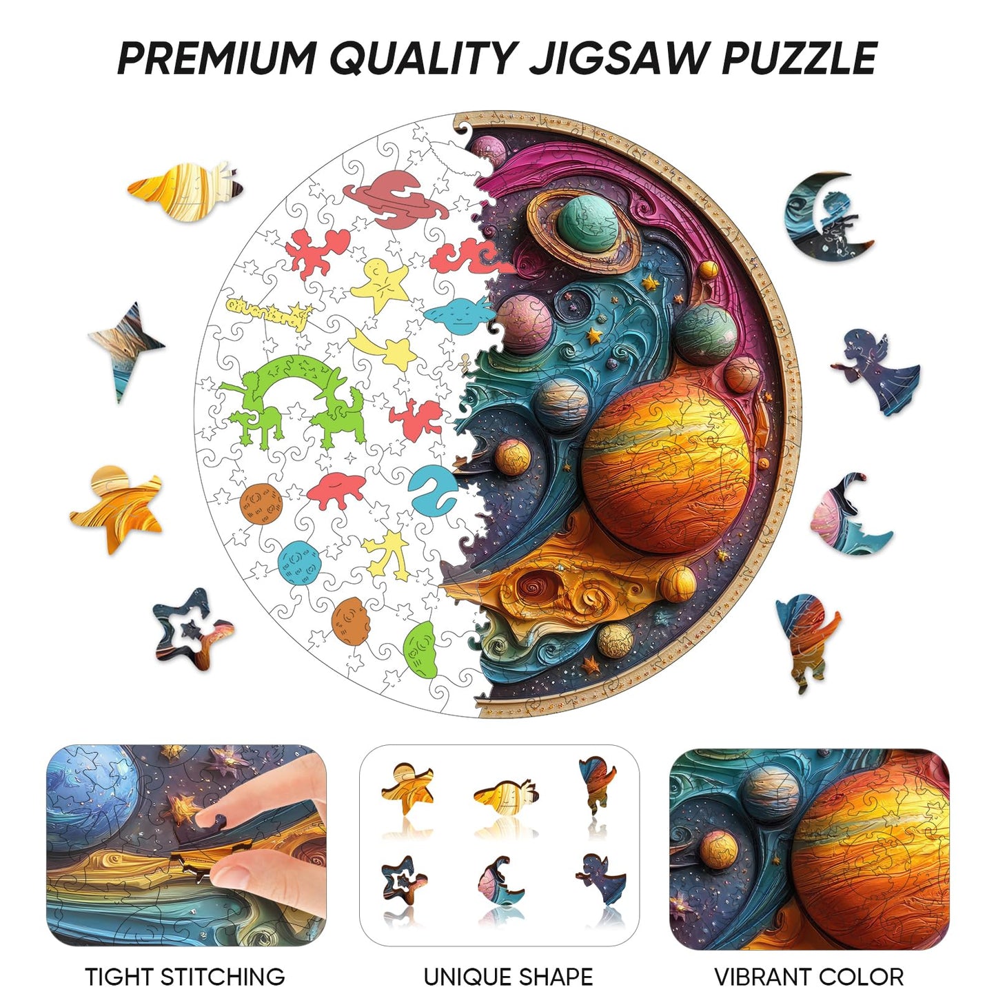 Qiuenisray Wooden Puzzles for Adults, Solar System Planet Jigsaw Puzzle 200 Pieces, Unique Shaped Wooden Puzzle for Wall Decor, Creative Gift for Family Game, 11 x 11.2 Inches
