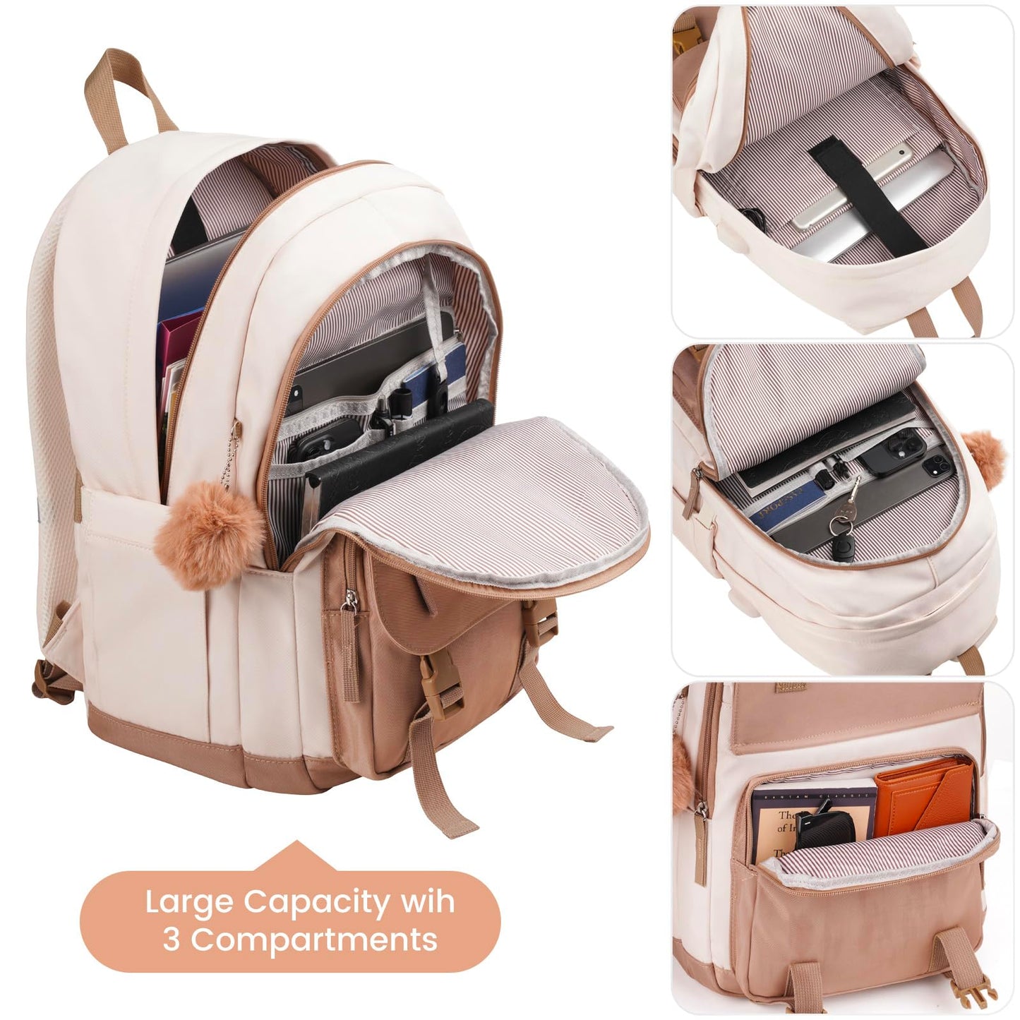 MOMUVO Backpacks for Teen Girls Women,17.3 Inch Laptop School Backpack Cute College Backpack Bookbag for Students,Beige Khaki