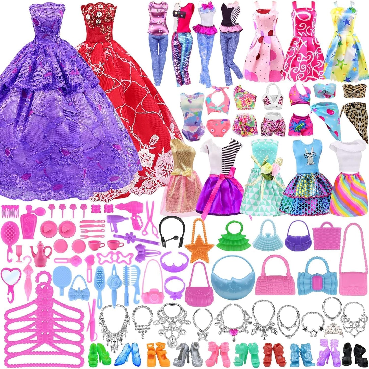 ZITA ELEMENT 120 Pcs Fashion Doll Closet Wardrobe for Clothes and Accessories Storage Include Clothes, Dresses, Shoes, Shoes Rack, Bags, Necklace, Hangers for 11.5 Inch Girl Doll Clothes