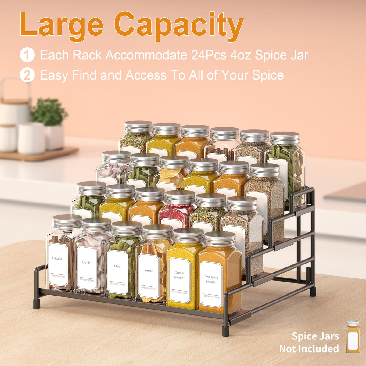 RUILALIFE 4-Tier-Spice-Rack-Organizer-for-Cabinet, Adjustable Depth Spice Holder Shelf For Countertop Pantry Cupboard, Metal Tiered Seasoning Organizer,Display Shelf Riser