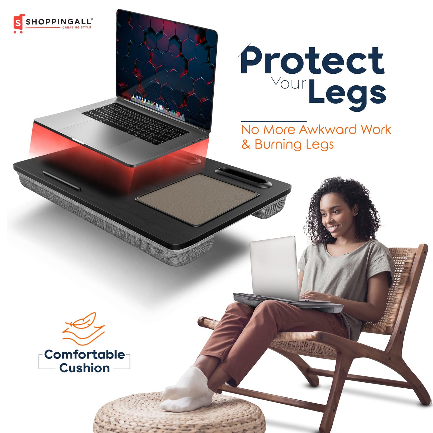 SHOPPINGALL Lap Desk Portable Laptop Stand Desk Fits up to 17" Laptop with Cushion Mouse Pad, Tablet & Cellphone Holder Slot for Sofa Couch & Bed, Home & Office Portable Desk - SA-BR182-Black