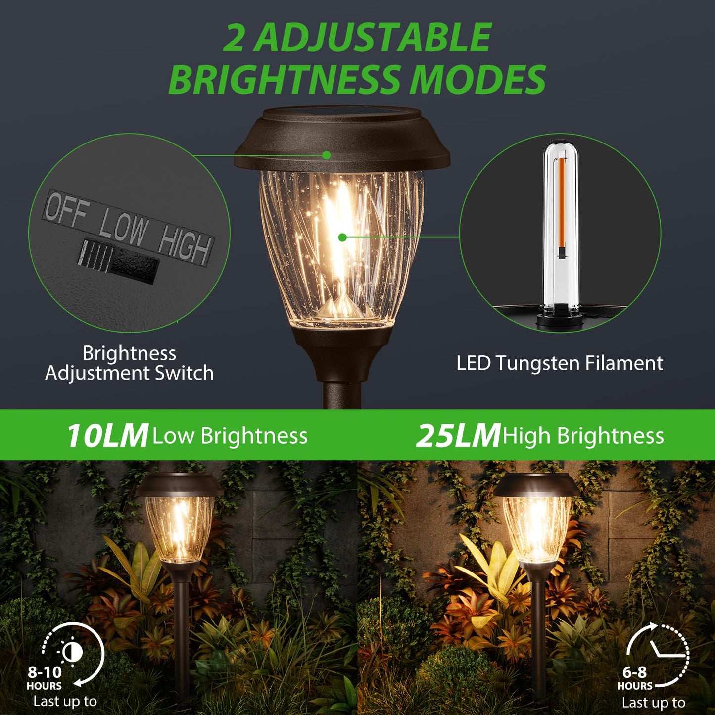 XMCOSY+ Solar Lights Outdoor 10/25 LM LED with 2 Lighting Modes, Solar Garden Lights Glass and Metal, IP65 Waterproof Solar Powered for Yard Pathway Walkway Driveway Patio (6 Pack, Warm White)