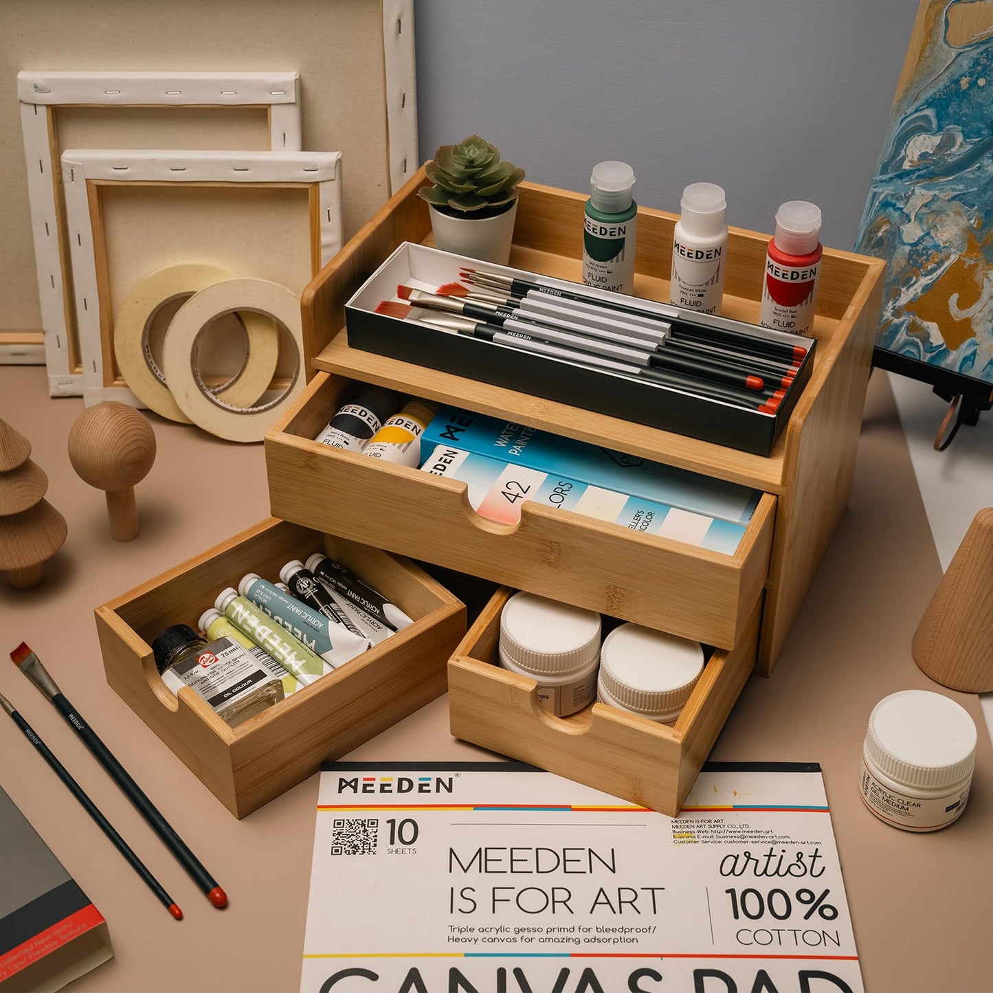 MEEDEN Desk Organizer with Drawers: Bamboo Desktop Storage Container with Shelf - Tabletop Storage Organization Box for Office Home Toiletries Supplies
