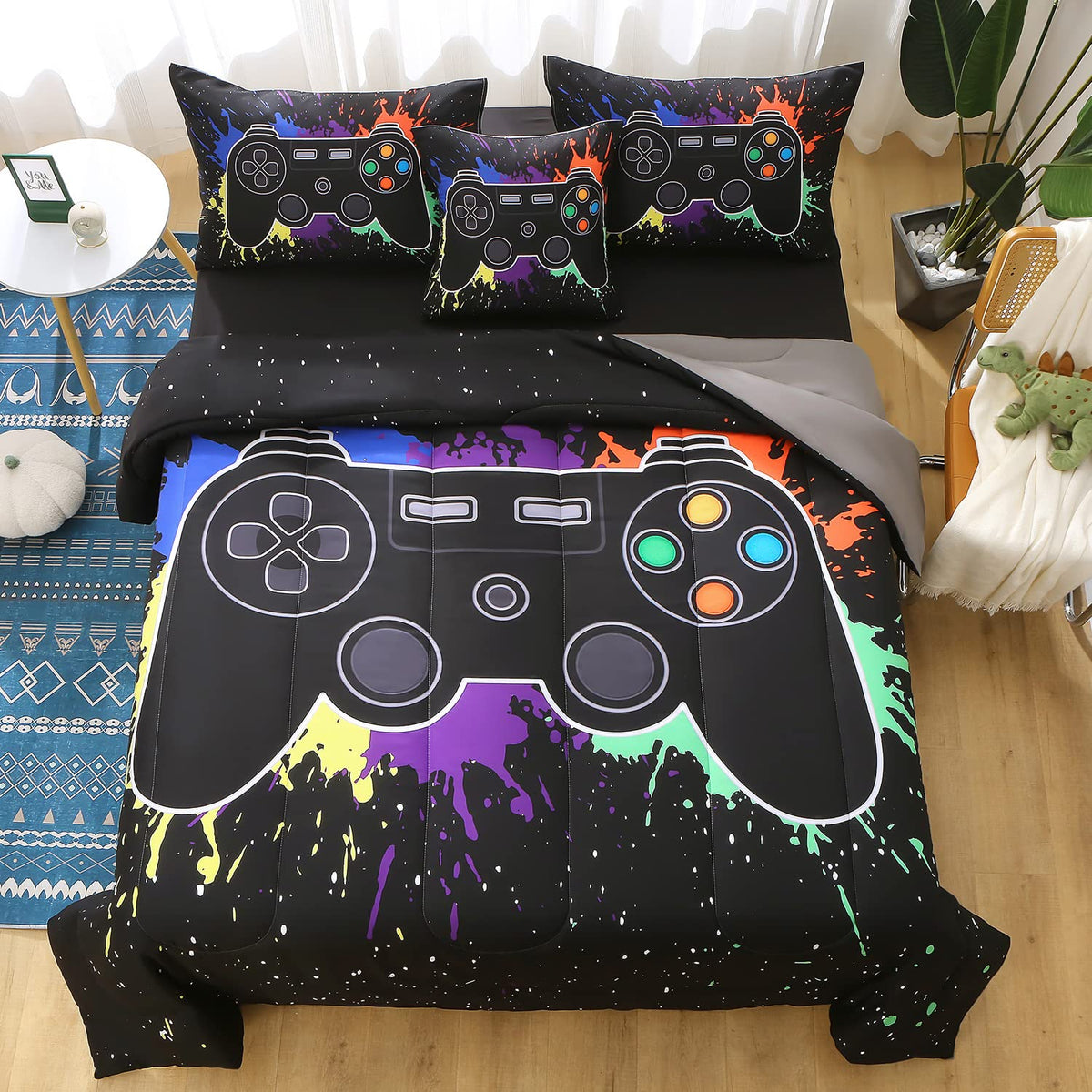 JQinHome Full Gamer Comforter Sets for Boys, 6 Piece Bed in A Bag 3D Video Game Bedding -All Season Soft Microfiber Gamer Bedding Sets, with Pillowcases, Flat Sheet, Fitted Sheet, Cushion Cover