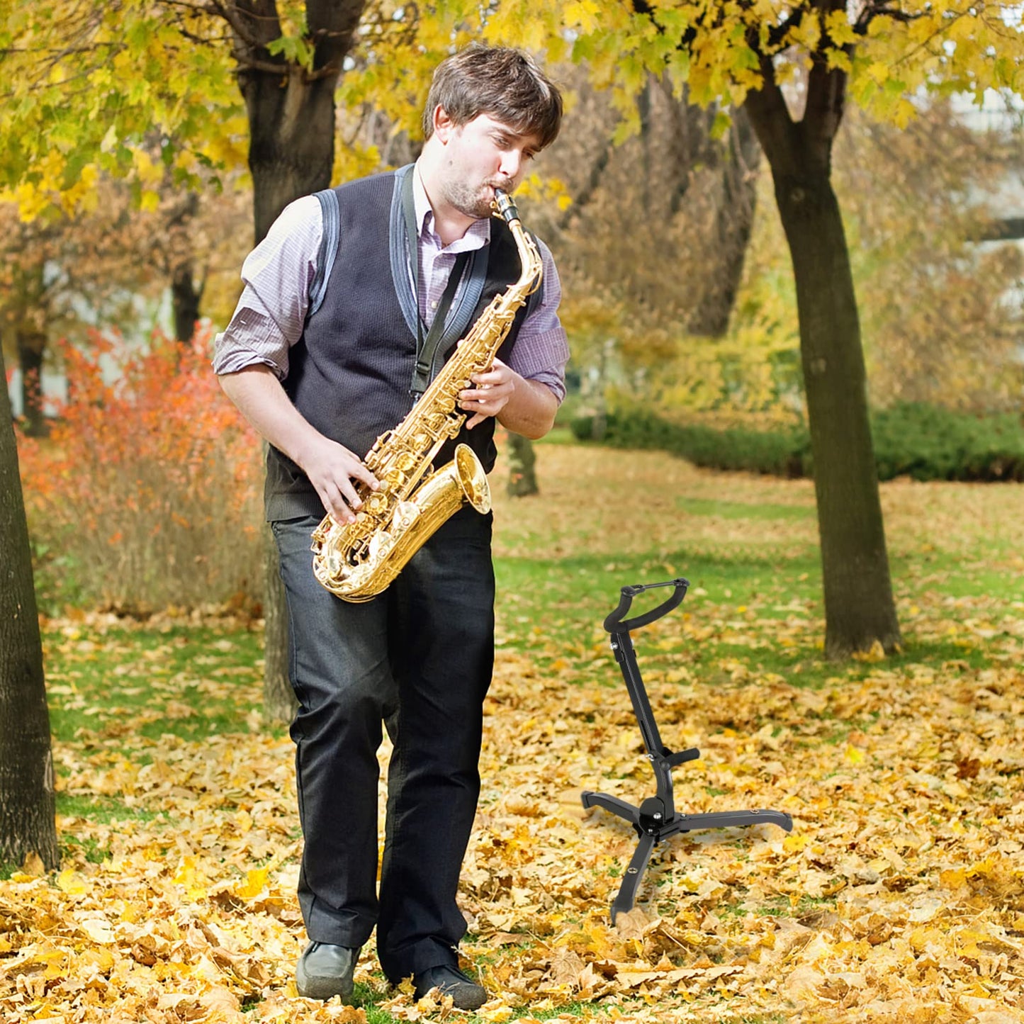 EASTROCK Alto & Tenor Saxophone Stand - Folding Saxophone Holder Rack with 2 Detachable Flute/Clarinet Holders - Carrying Bag