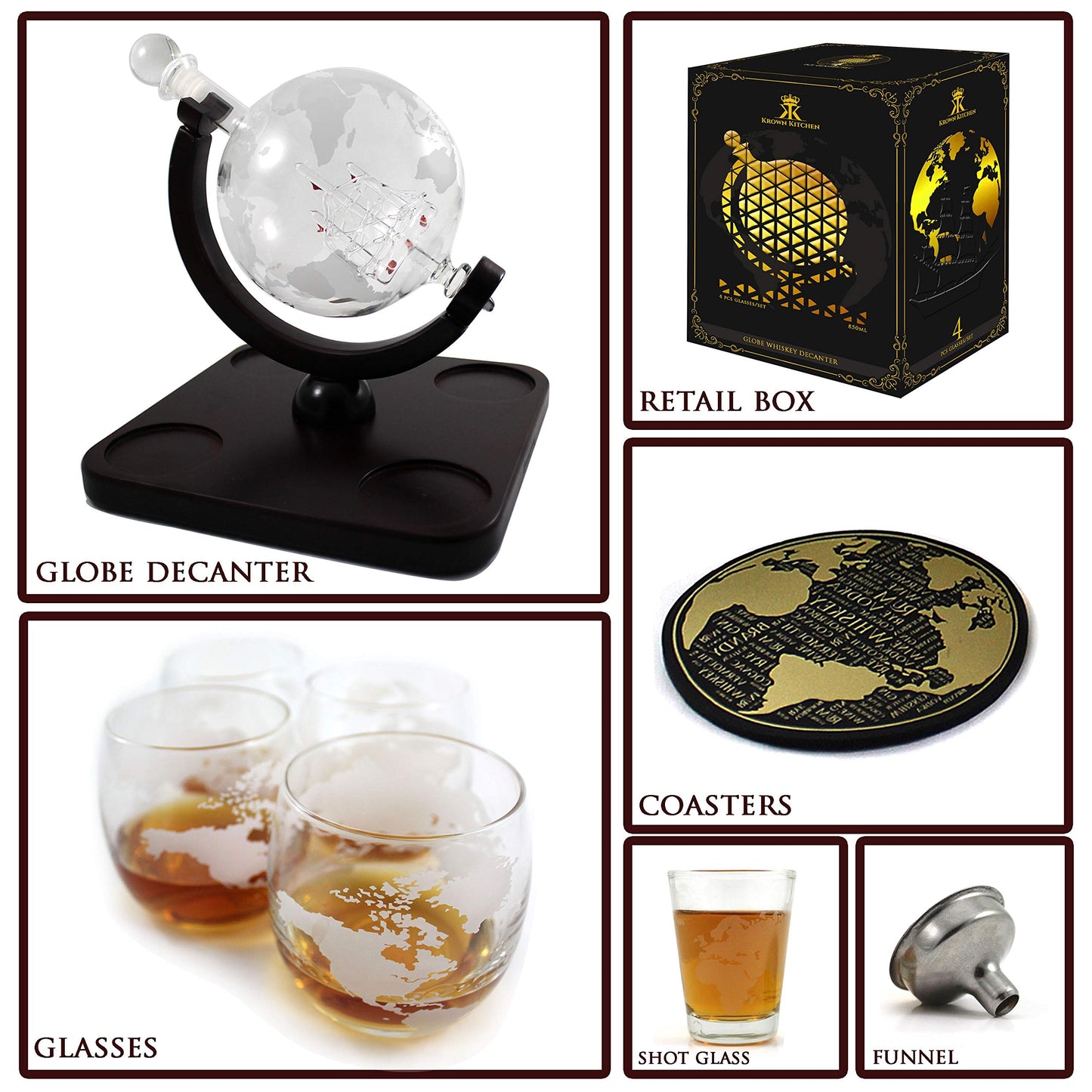 Krown Kitchen - Globe Decanter Gift Set. Includes Wood Base, 4 Glasses, 4 Coasters, Shot Glass, and Funnel.