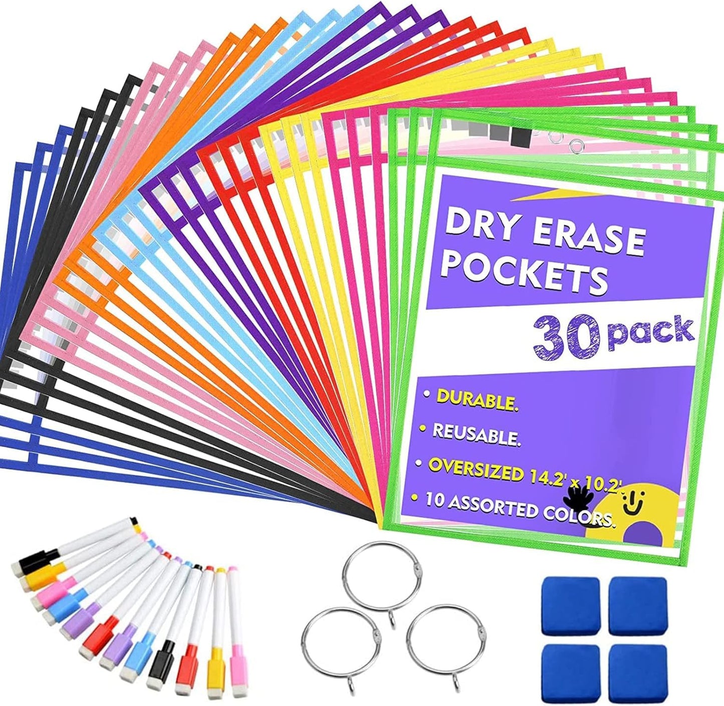 HooYan Dry Erase Pockets, 30 Pack Clear Plastic Sheet Protectors, Durable Reusable Sleeves, 33 x 25.4 cm, for School Classroom Supplies
