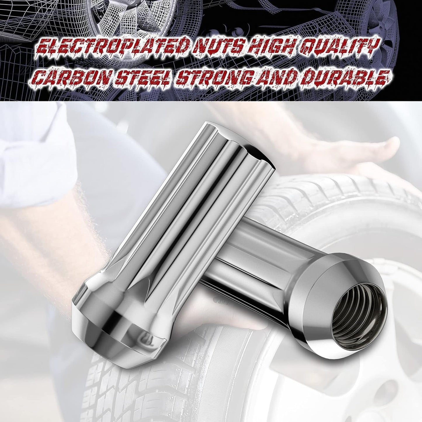 9/16x18 Wheel Lug Nuts, 32x Chrome 9/16x18 Lug Nut, Closed End Long Extended XL Spline, Conical/Cone Bulge Seat, with 1 Socket Key for Ram 2500/3500 F250/350 C20/30 K20/30 8 Lug Aftermarket Wheels