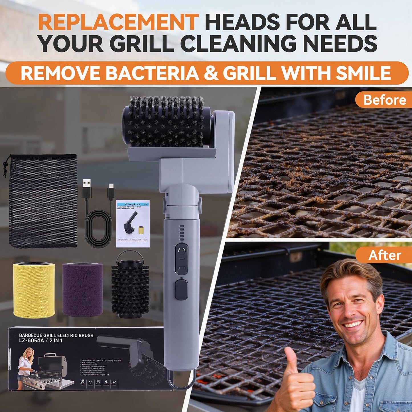 PUVIRECN Electric Grill Cleaner 3 in 1, Cleaning Brush Scraper, Easy Clean Cordless BBQ Barbecue Scrubber, for Father's Day, Dad! 50Kg.f High Torque, 2500mAH, 68W Motor & 360RPM, Splash Guard, IPX7