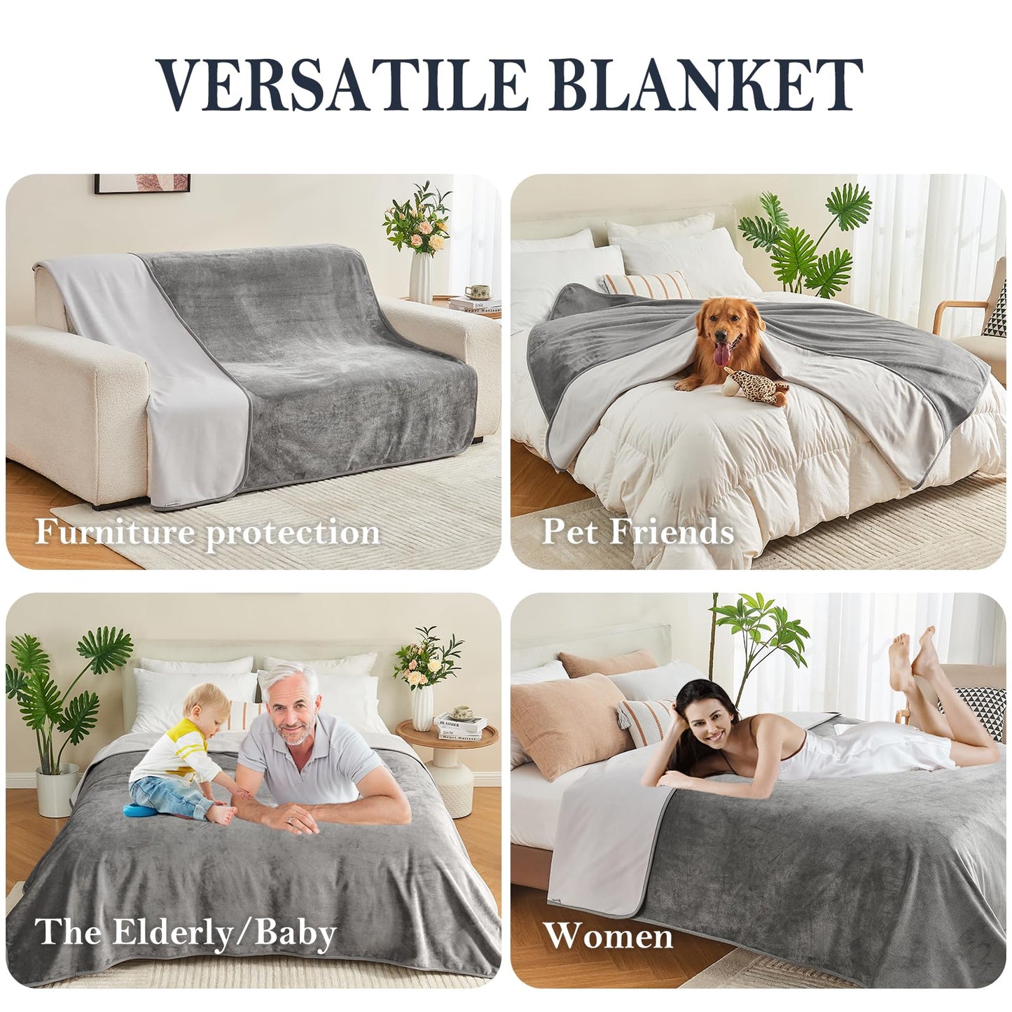 Yaning Waterproof Blanket 80"x90" for Adults, Reversible Waterproof Bed Cover for Dogs Cats Pets, Soft Leakproof Blanket for Bed Couch Sofa Furniture Protector, Grey/Light Grey