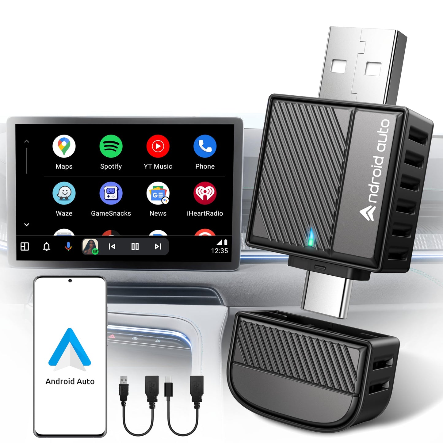 ByteWave Android Auto Wireless Adapter, 2025 NFC & Bluetooth5.3 Convert Wired to Wireless Android Auto Car Adapter, USB-C/A Mini Car Dongle Compatible for Android 12+ & 2016+ Cars, Plug & Play - Black