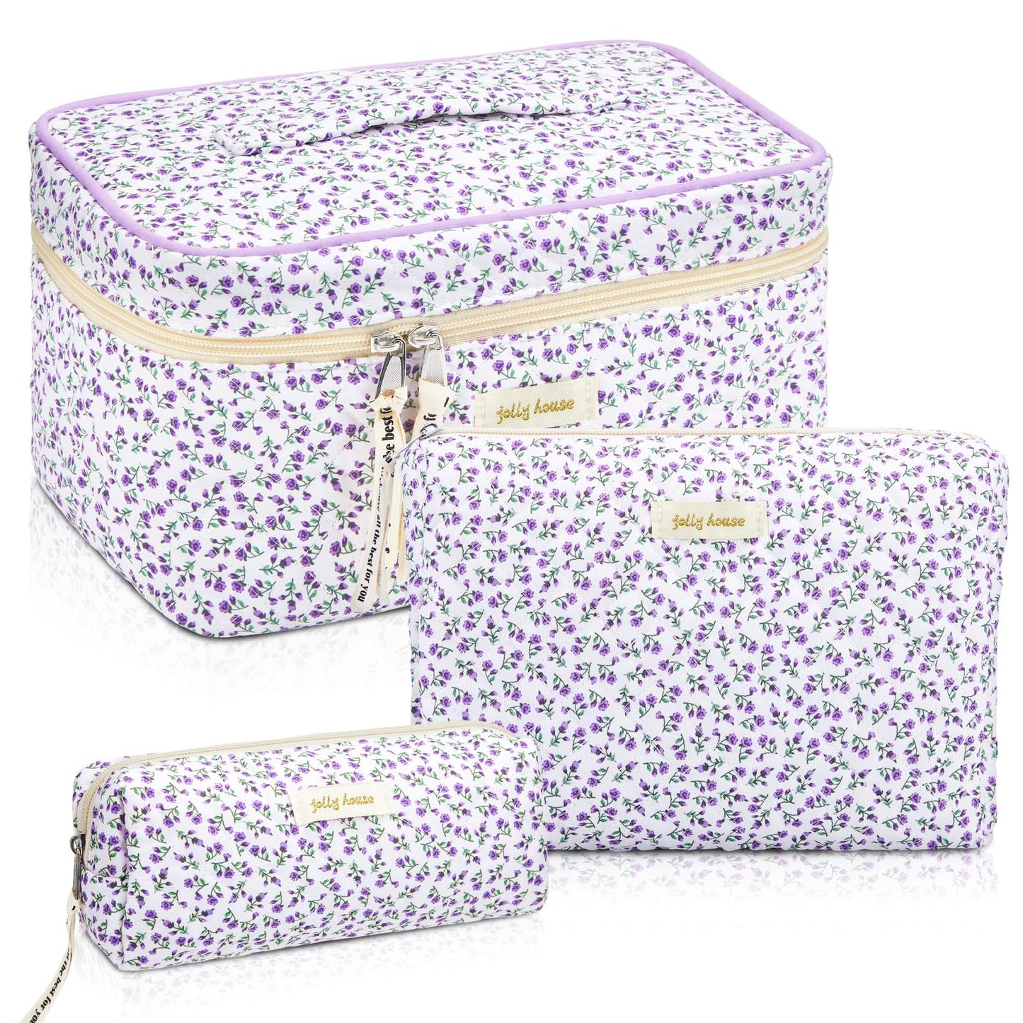 Zeyune 3 Pcs Makeup Bag Quilted Cosmetic Bags Large Floral Makeup Bag Set for Women Cotton Flower Travel Toiletry Storage Cute with Zipper for Women Mom Birthday Gift Home Bathroom(Flower)