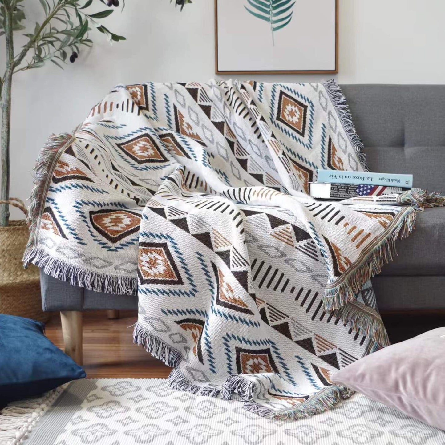 Southwest Throw Blankets Aztec Blanket with Tassels Reversible Southwestern Navajo Throw Blanket for Couch Chair Sofa Bed Outdoor Beach Travel 63"x51"
