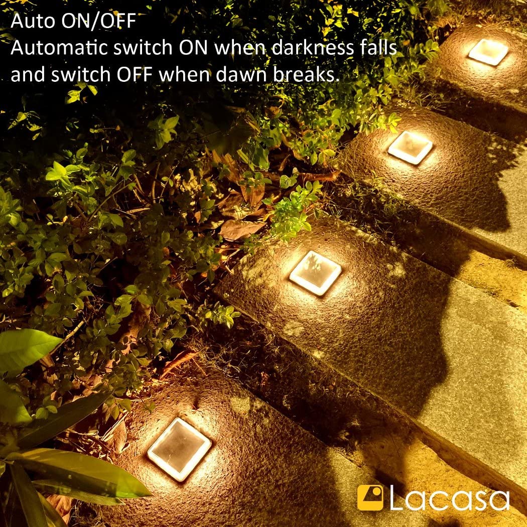 Solar Deck Lights, Outdoor Patio Garden Ground Pathway Driveway Walkway Lighting, Solar Powered Outside Stairs Step Lights Waterproof, auto On/Off Warm White - Square - 4 Pack