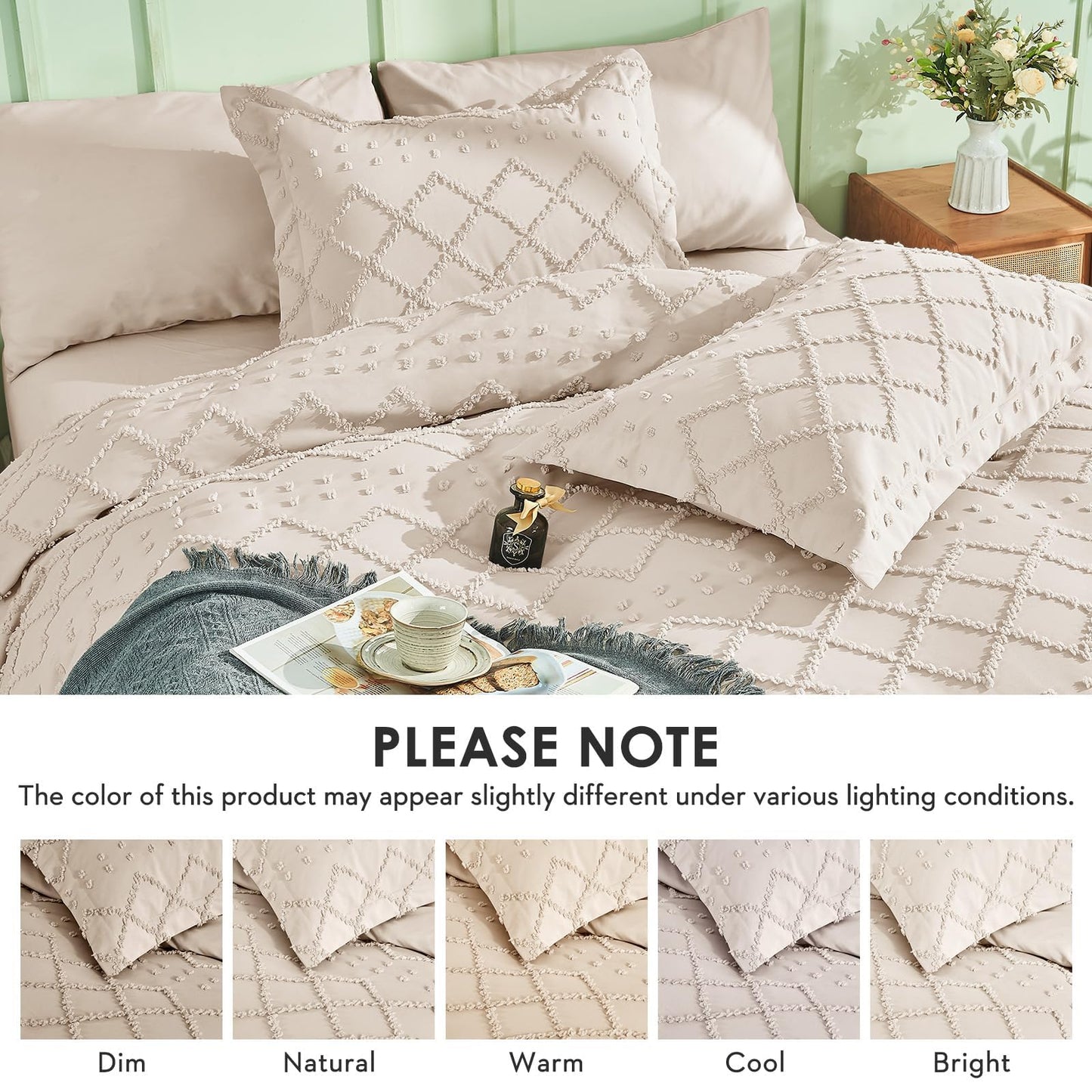 HYMOKEGE Duvet Cover Queen Size, Boho Tufted Duvet Cover Set 3 Pieces, Soft & Lightweight Shabby Chic, Embroidery Bedding Set for All Seasons, 90" × 90" & 2 Pillow Shams, Beige