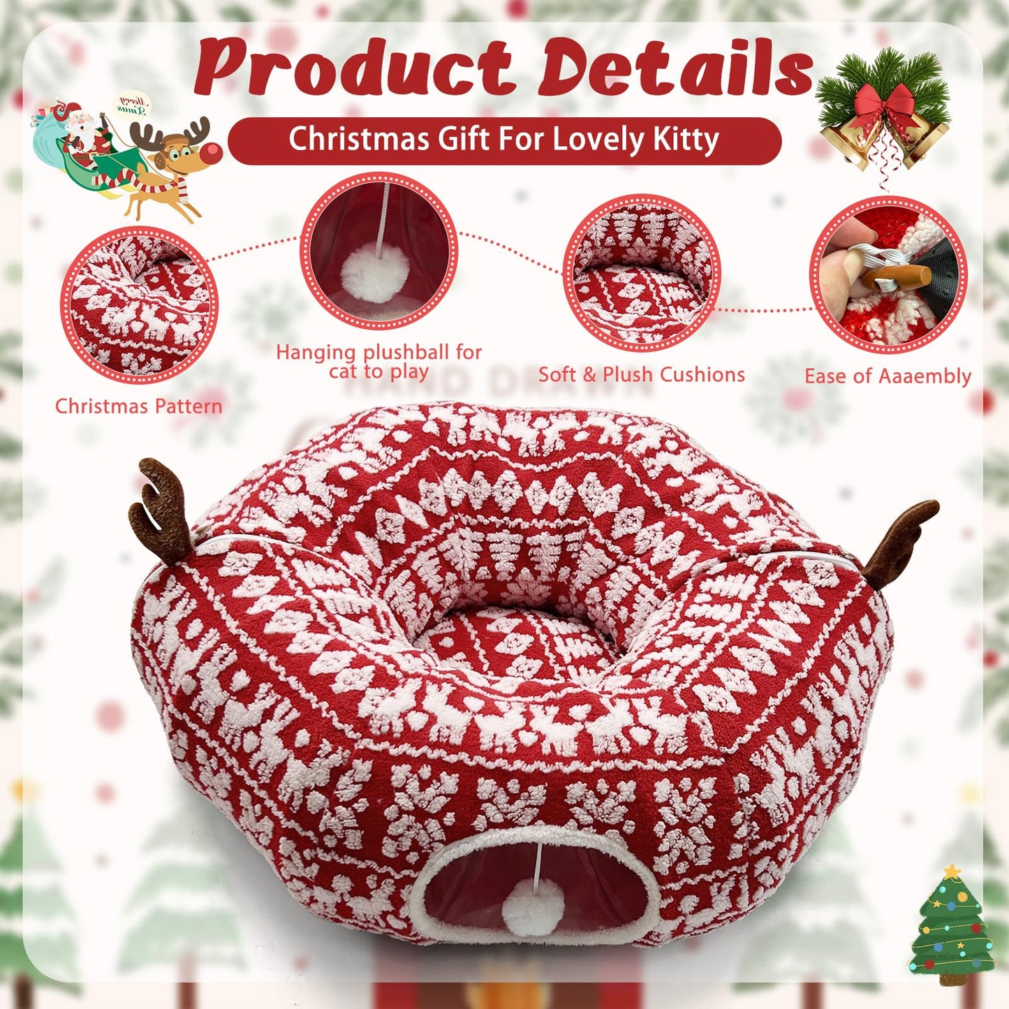 Cat Donut Tunnel for Christmas Tree - Warm Soft Cat Tube Christmas Tree Skirt, Christmas Themed Patterns Cats Red Tunnel Bed with Central Mat Multifunctional Round Pet Cave Toy for Kittens