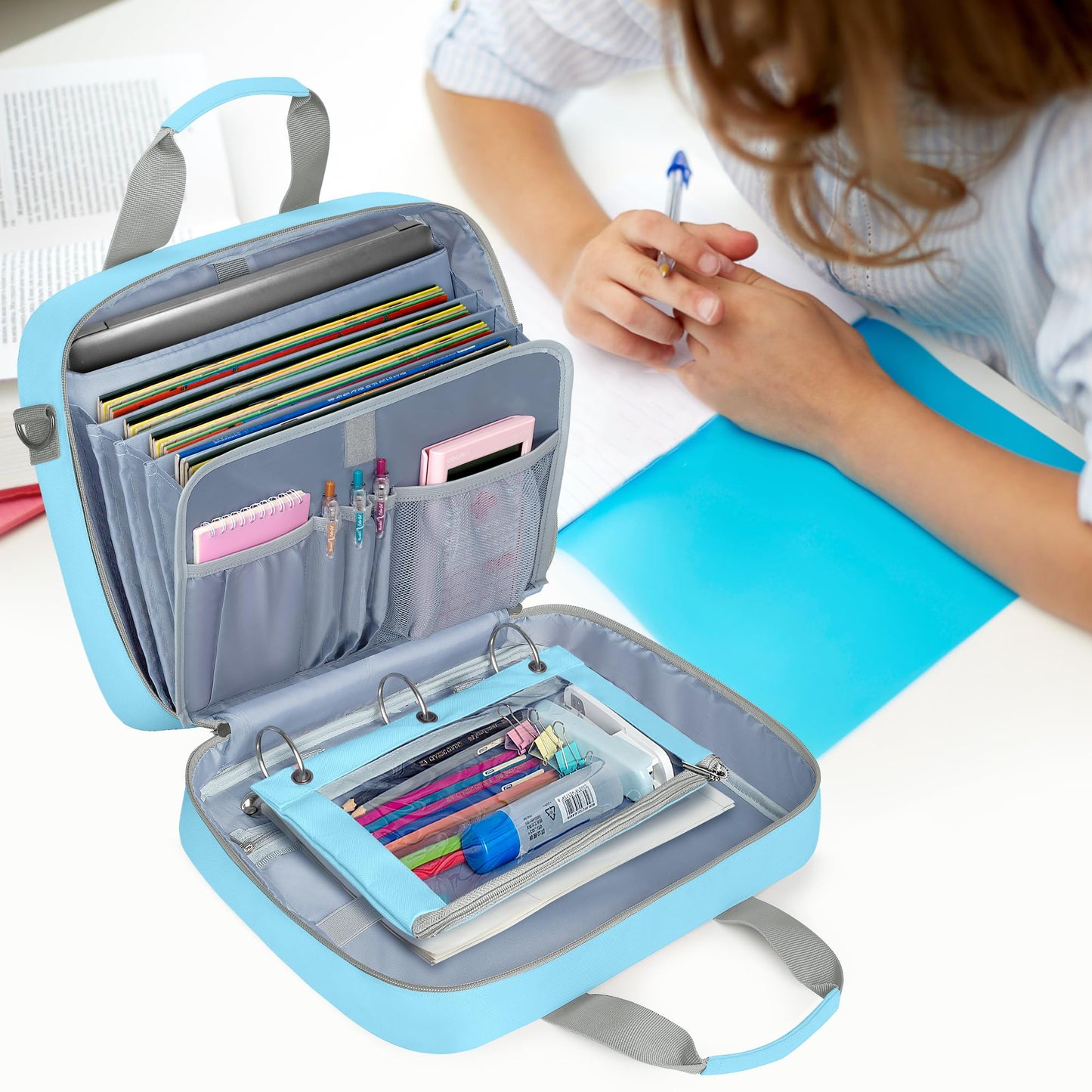 Yarwo 3 Ring Zipper Binder with Binder Pencil Pouch, Expanding File Organizer with Padded Sleeve Fit for 14 Inch Laptop, Portable Document Organizer Bag for Home, College, Office Supplies, Blue