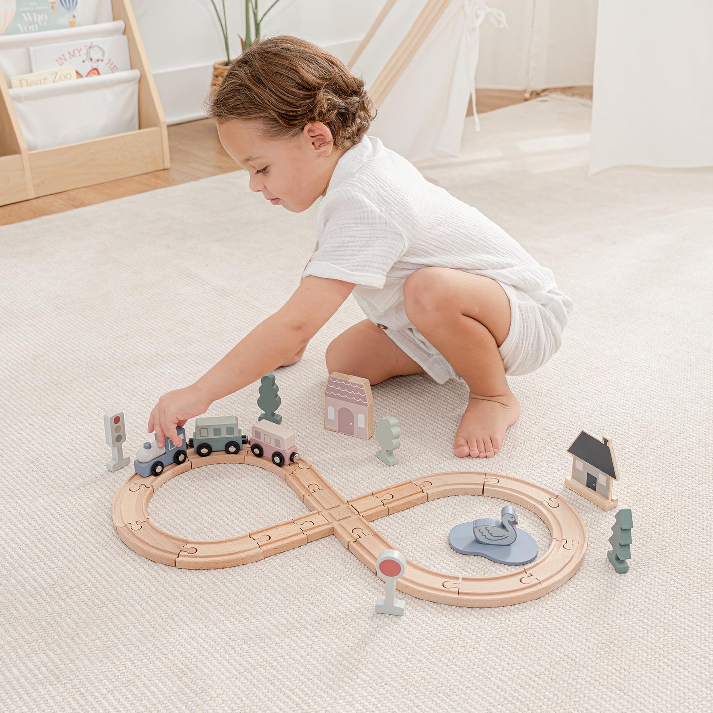 Comfy Cubs 30-Piece Wooden Train Set for Toddlers Ages 1+, Fun & Eco Friendly Toddler Train Set with Complete Toy Town - Creative Wooden Toys Promoting Imaginative Play with Flexible Configuration