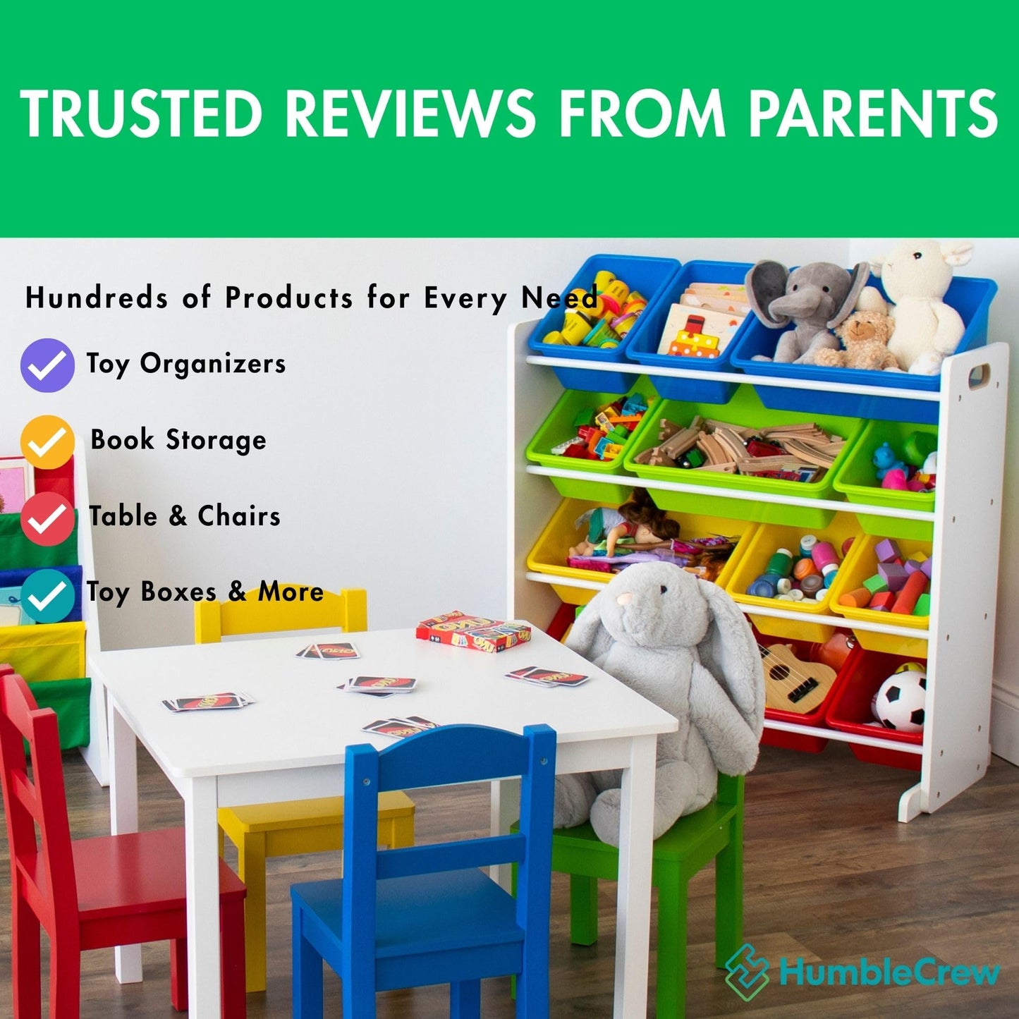 Humble Crew 4-Tier Kids Bookshelf, White Wood/Primary - Premium Book Shelf for Kids Rooms with Four Deep Pockets - Toddler Sling Book Rack with Deep Sleeves, Nursery Bookcase Organizer