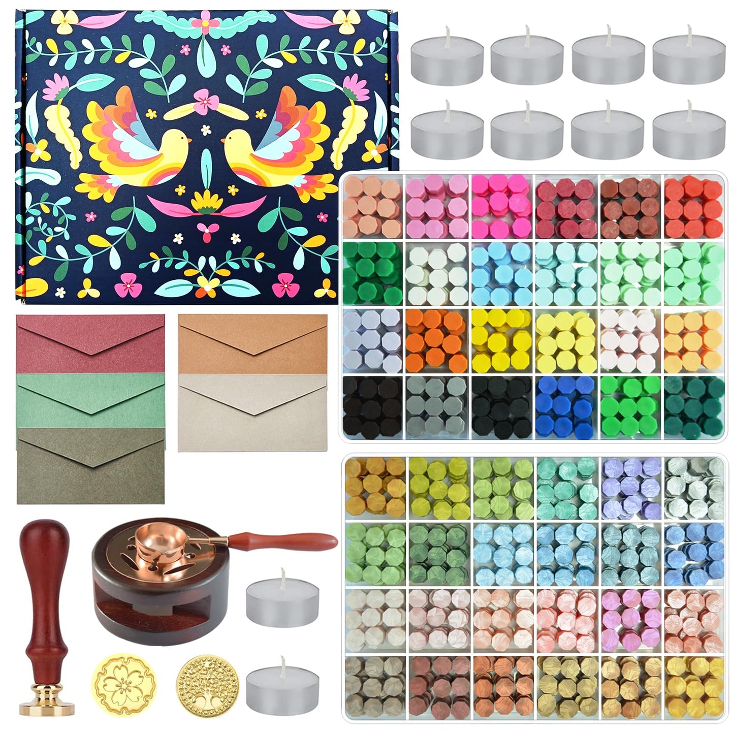 Wax Seal Stamp Kit with Gift Box,48 Color 1200 Pcs Wax Seal Beads with 2 Pcs Wax Seal Stamps, Sealing Wax Warmer, Metallic Pen and 10Pcs Tea Candles for Wedding Invitations Wrapping Christmas Letters